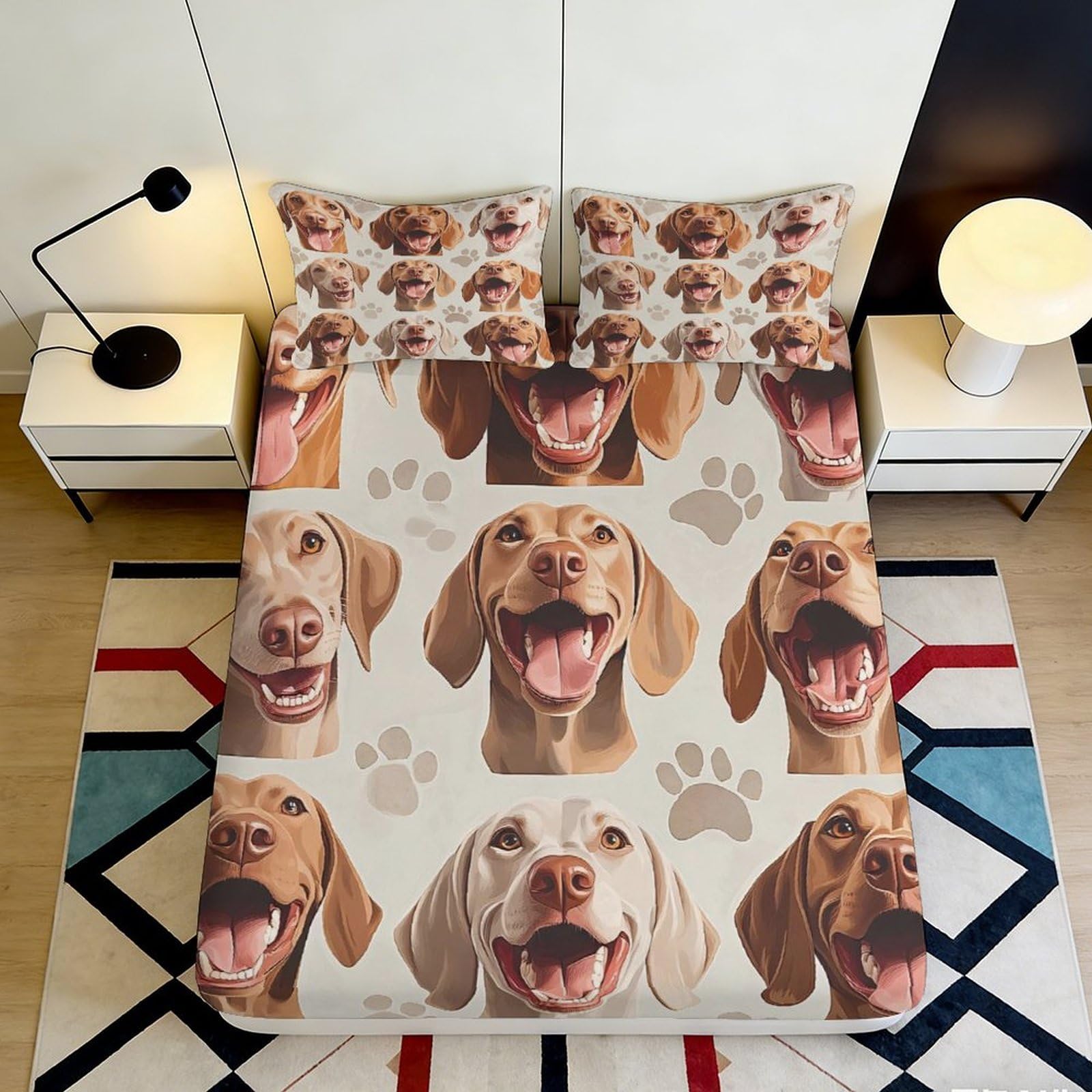 3D Printed Happy Dog Fitted Sheet Microfiber Soft Paw Pattern Mattress Cover for Bedroom Guest Room Decor 90x200x25cm