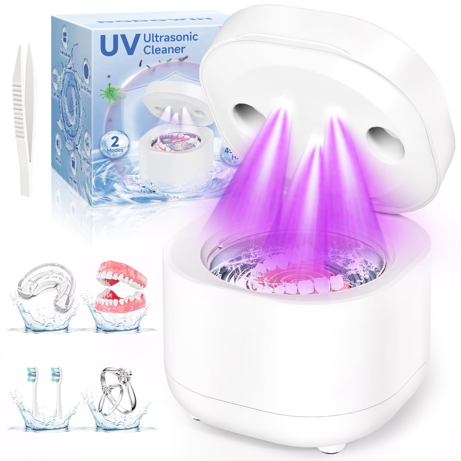 DODOWIN Macchina per la pulizia a ultrasuoni, capsula di pulizia da 45 kHz con capacità di 200 ml, 2 modalità per paradenti, guardia notturna, allineatori, testine per spazzolino da denti, gioielli