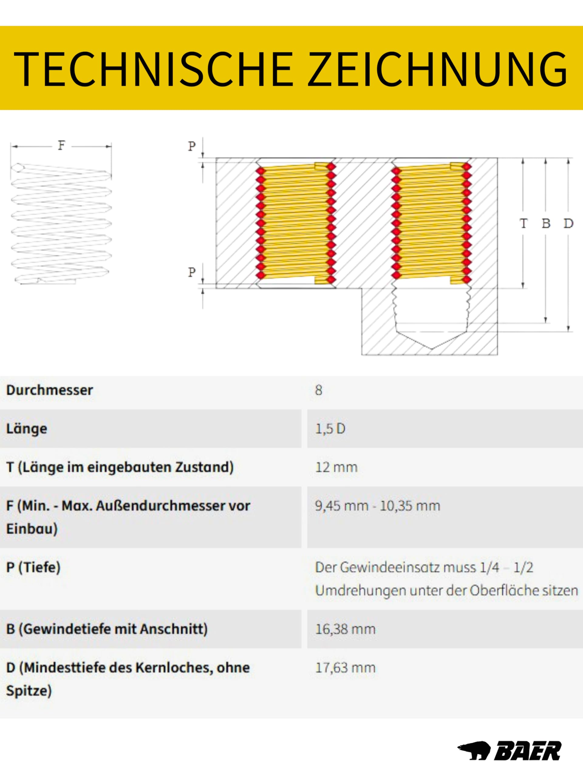 BaerCoil Gewindereparatur-Satz M 8 x 1,25 - Gewindereparatur M 8 - Gewindeverstärkung - Gewindereparaturset - Gewindepanzerung