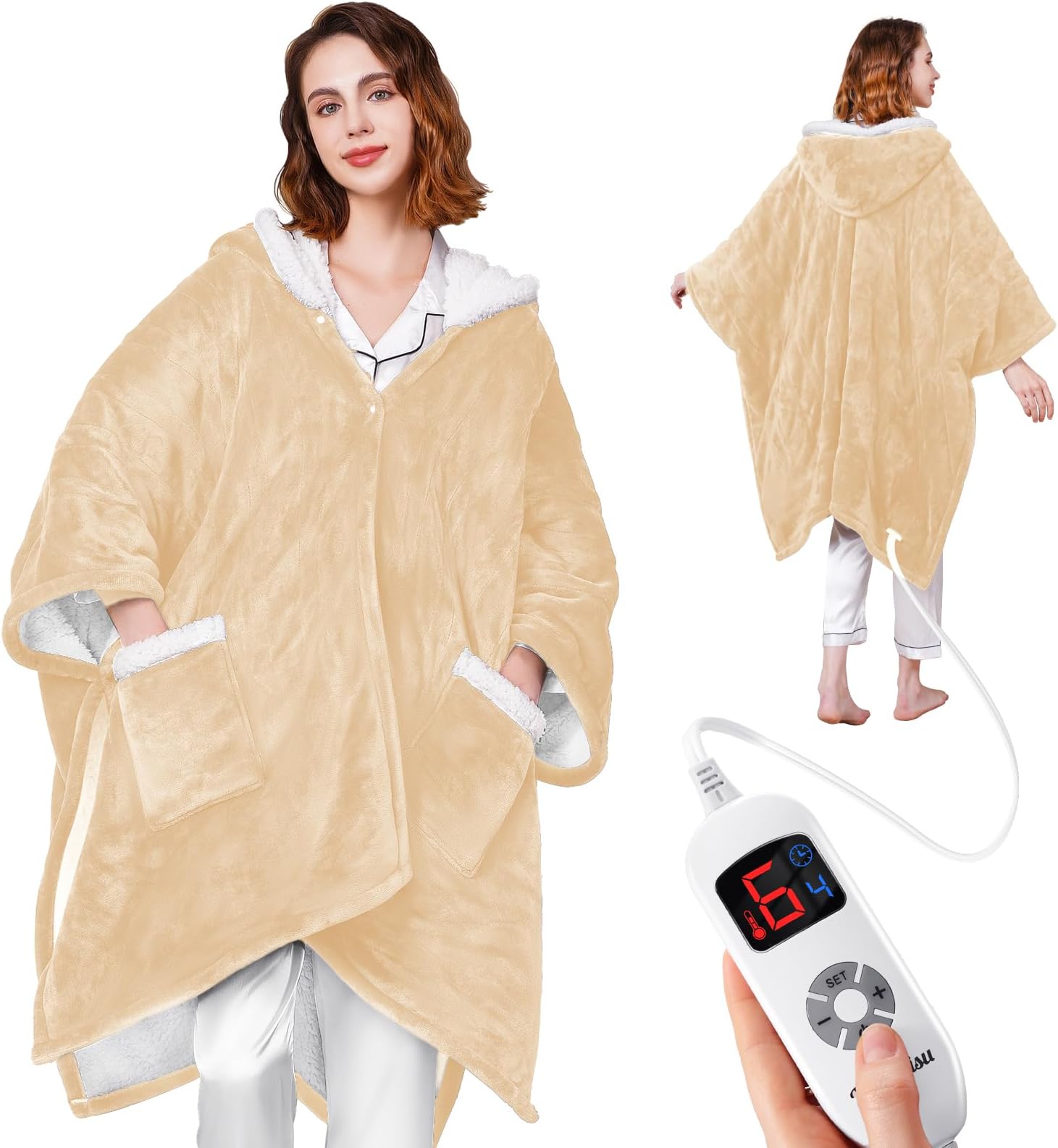 Heated Blanket Wearable - Cozy Gift for Women, Mom, Men| Reversible Flannel & Sherpa Electric Wrap with Pockets & Hood, 6 Heat Levels, 1-4H Timer, ETL Safe, Machine Wash, 50"x70" Beige