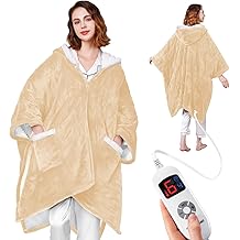 可穿戴加热毯 - 送给女性、妈妈、男士的舒适礼物|可翻转法兰绒和夏尔巴电动包装,带口袋和兜帽,6 个加热级别,1-4H 定时器,ETL 保险箱,机洗,50"x70"米色