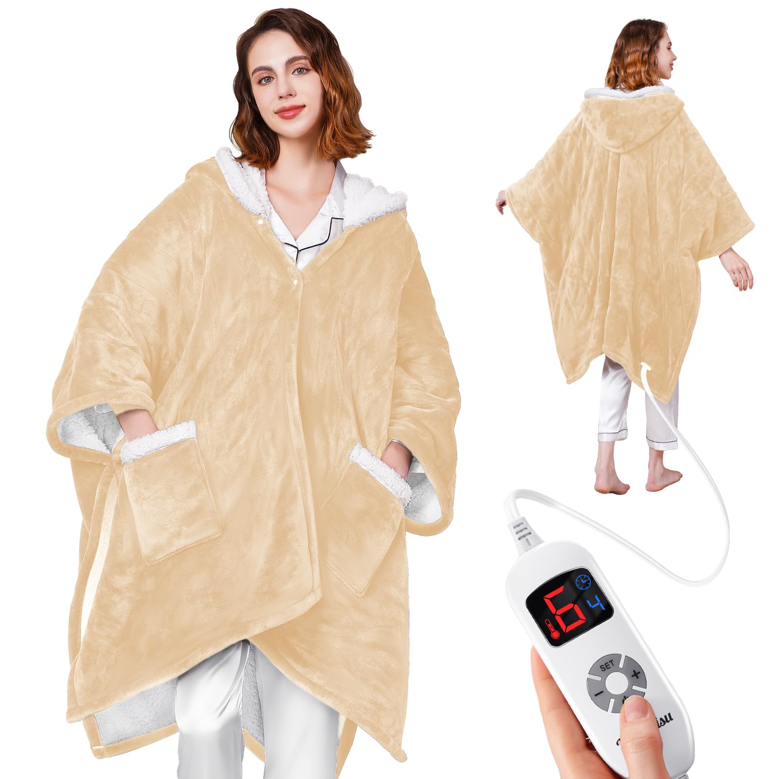 Wearable Heated Blanket - Cozy Gift for Women, Mom, Men| Reversible Flannel & Sherpa Electric Wrap with Pockets & Hood, 6 Heat Levels, 1-4H Timer, ETL Safe, Machine Wash, 50"x70" Beige