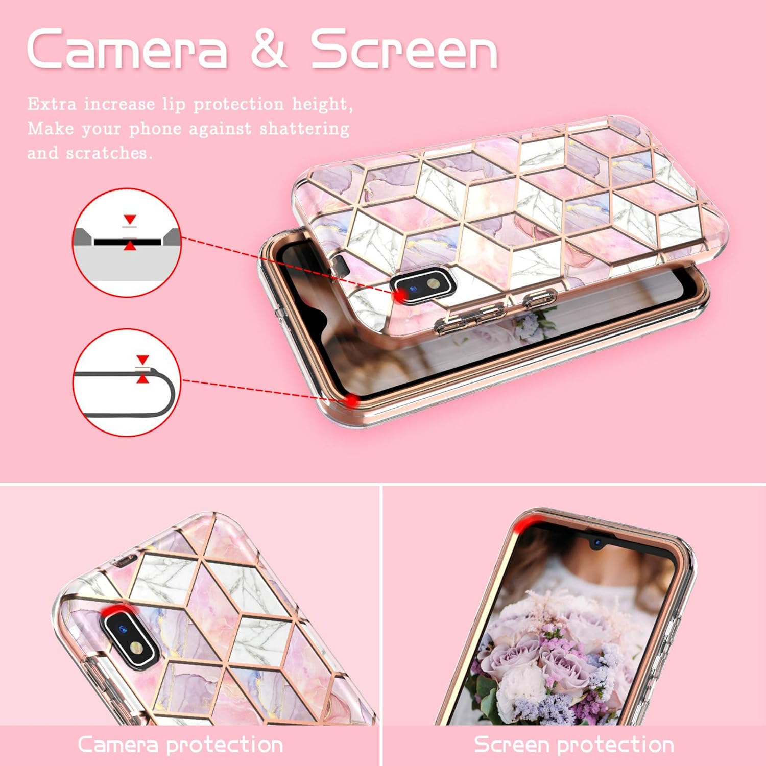 Hasaky Case for Samsung Galaxy A10E Case,Dual Layer Hybrid Bumper Clear Cute Girl Rose Gold Marble Design Soft TPU+Hard Back Heavy Duty Anti-Scratch Shockproof Protective Phone Case -Pink/Rose Gold.