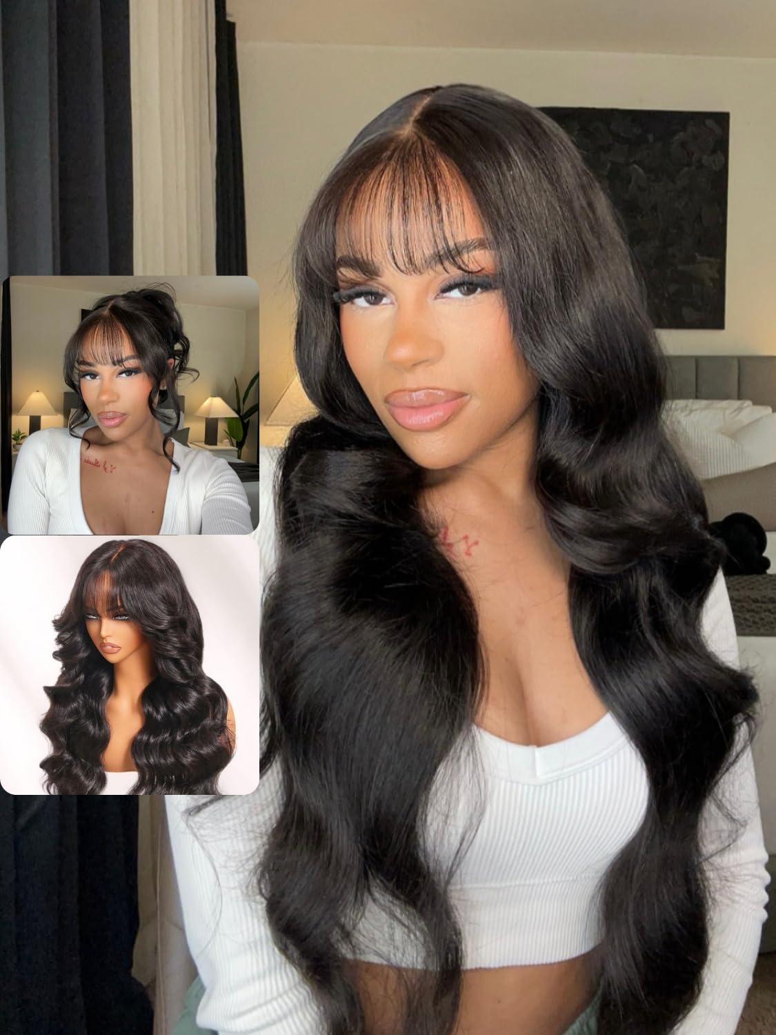 7x5 Bye Bye Knots Curtain Bangs Wig Glueless Pre Everything Loose Wave Wigs Human Hair Pre Plucked Pre Cut Invisible Bleached Knots Ready to Wear Wig Natural Black Color 180% Density 20inch