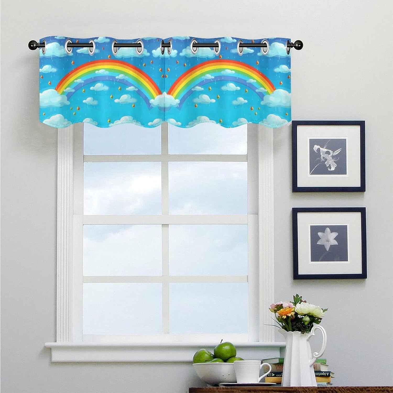 Rainbow Clouds Raindrop 2 Pack Valance Curtains Window Treatments. Adjustable Curtain with Rod Pocket.Cafe Curtains is Half Curtains for Privacy Decorative 52x18.1 Inch.