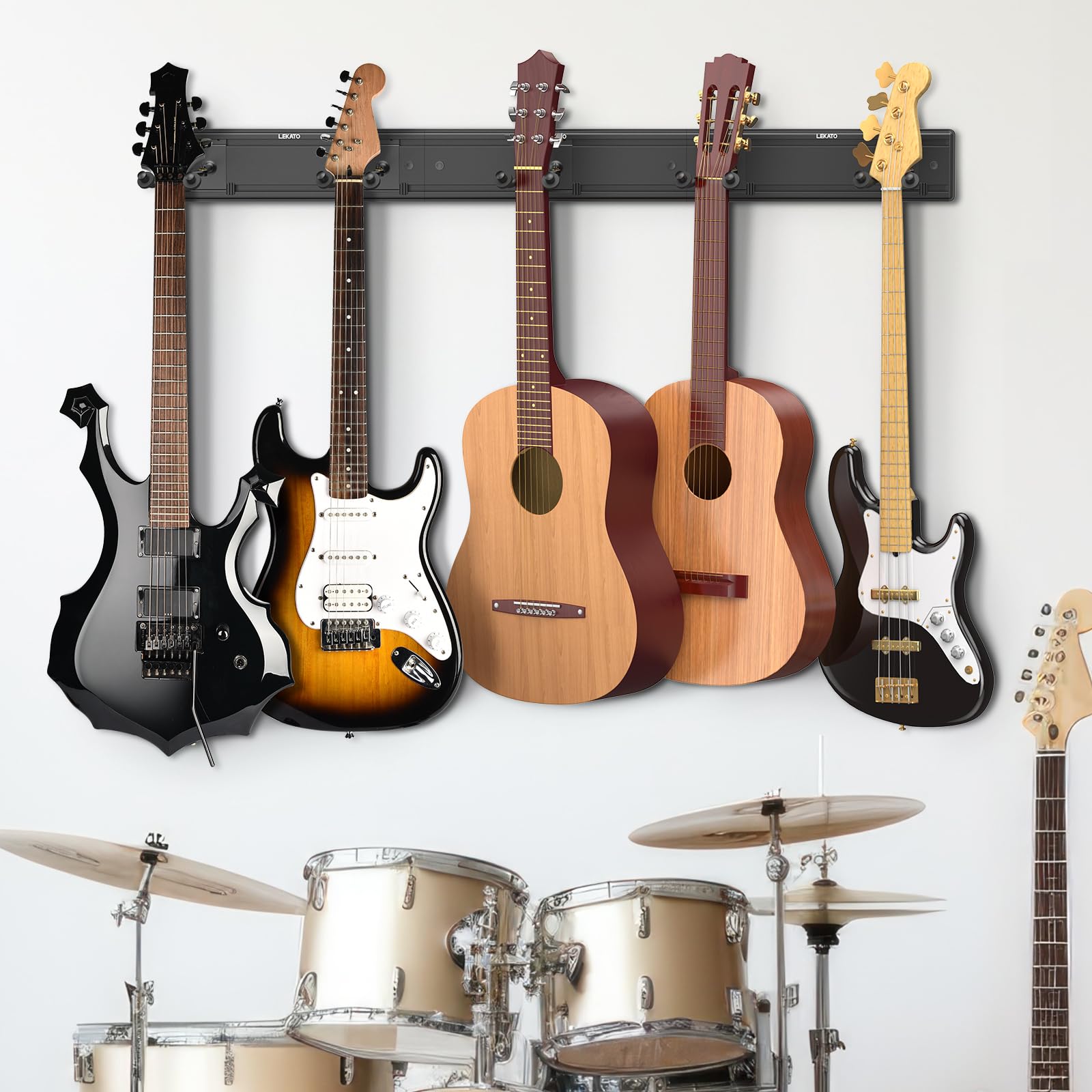 LEKATO Soporte de pared para guitarra, soporte de pared de aluminio para guitarra con 5 ganchos ajustables para guitarra, soporte múltiple para guitarra eléctrica acústica, bajo, banjo, mandolina