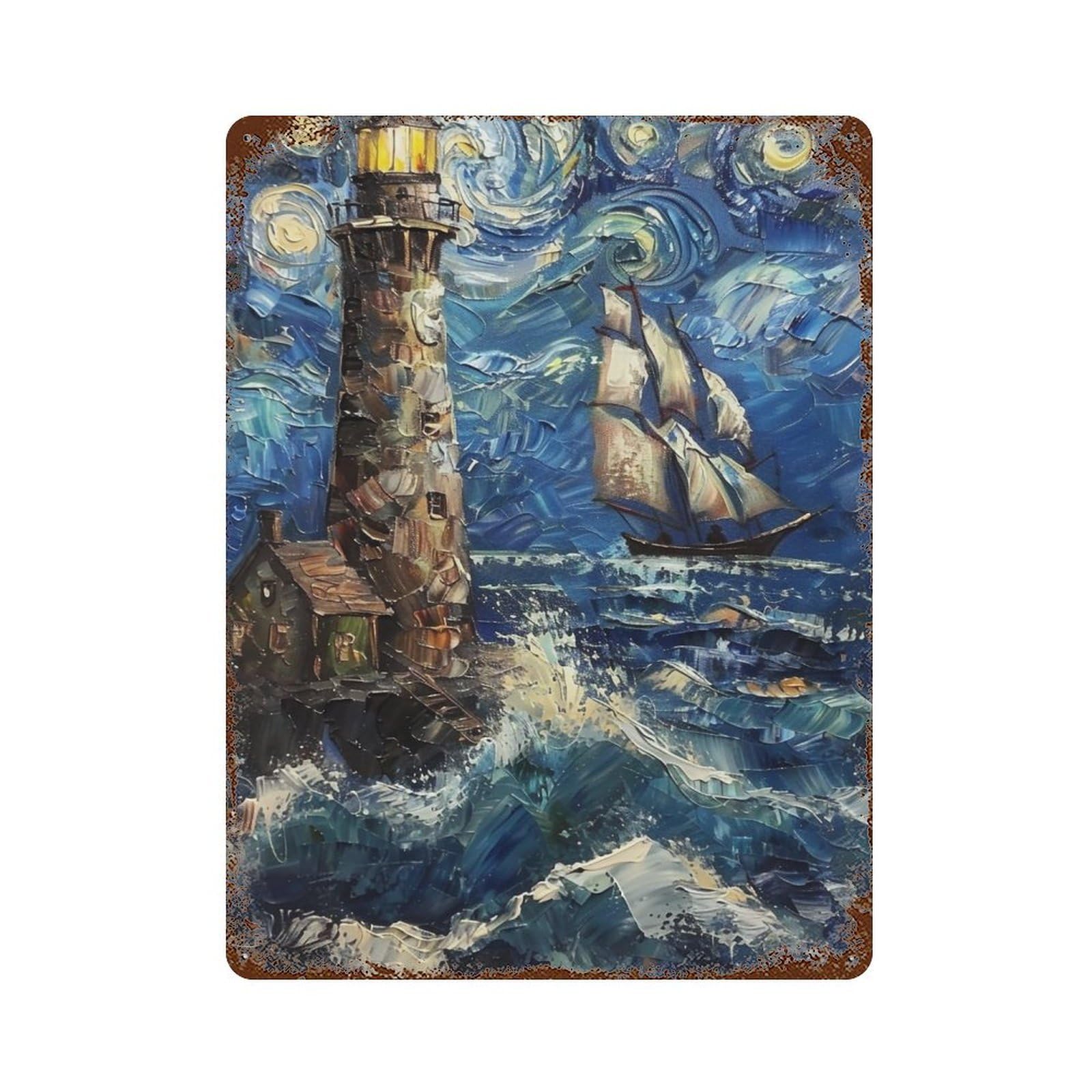 YHGERTKU Starry Night Style Lighthouse Ocean 02 Wall Art Retro Iron Vintage Metal Tin Sign Poster Modern Decor for Living Rooms Gift 40x30cm