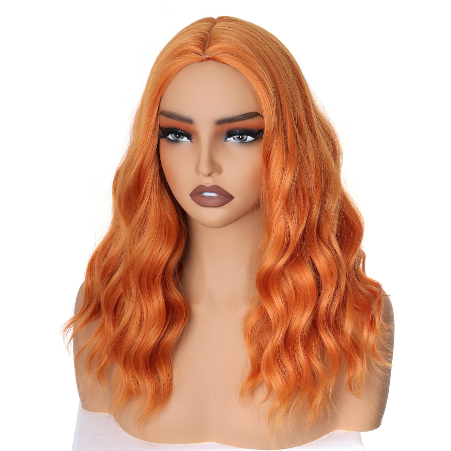 PORSMEER Natural Looking Wavy Curly Bob Hair Wigs for Women Shoulder Length Orange Full Wigs with Middle Part for Daily Use or Cosplay Party,14inch - Image 2