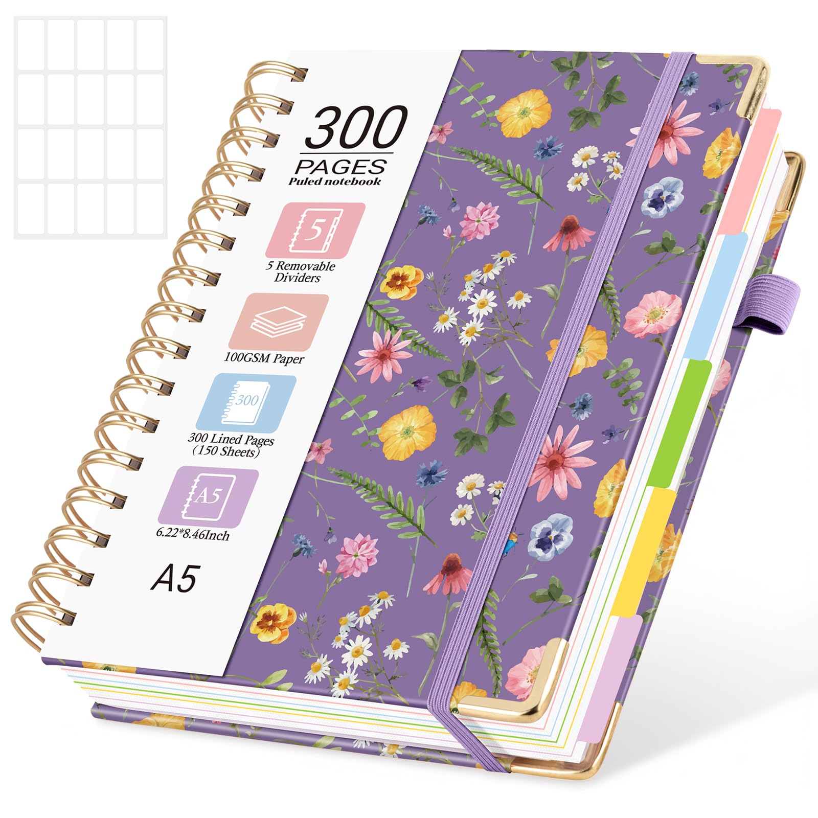 MOFELON A5 Notebook with Dividers, Notepad A5, 300 Pages Spiral Lined Notebooks,PU Leather HardCover Journals for Women,Note Book Pad for Office Work School, 21.5 x 15.8cm-Purple Flower