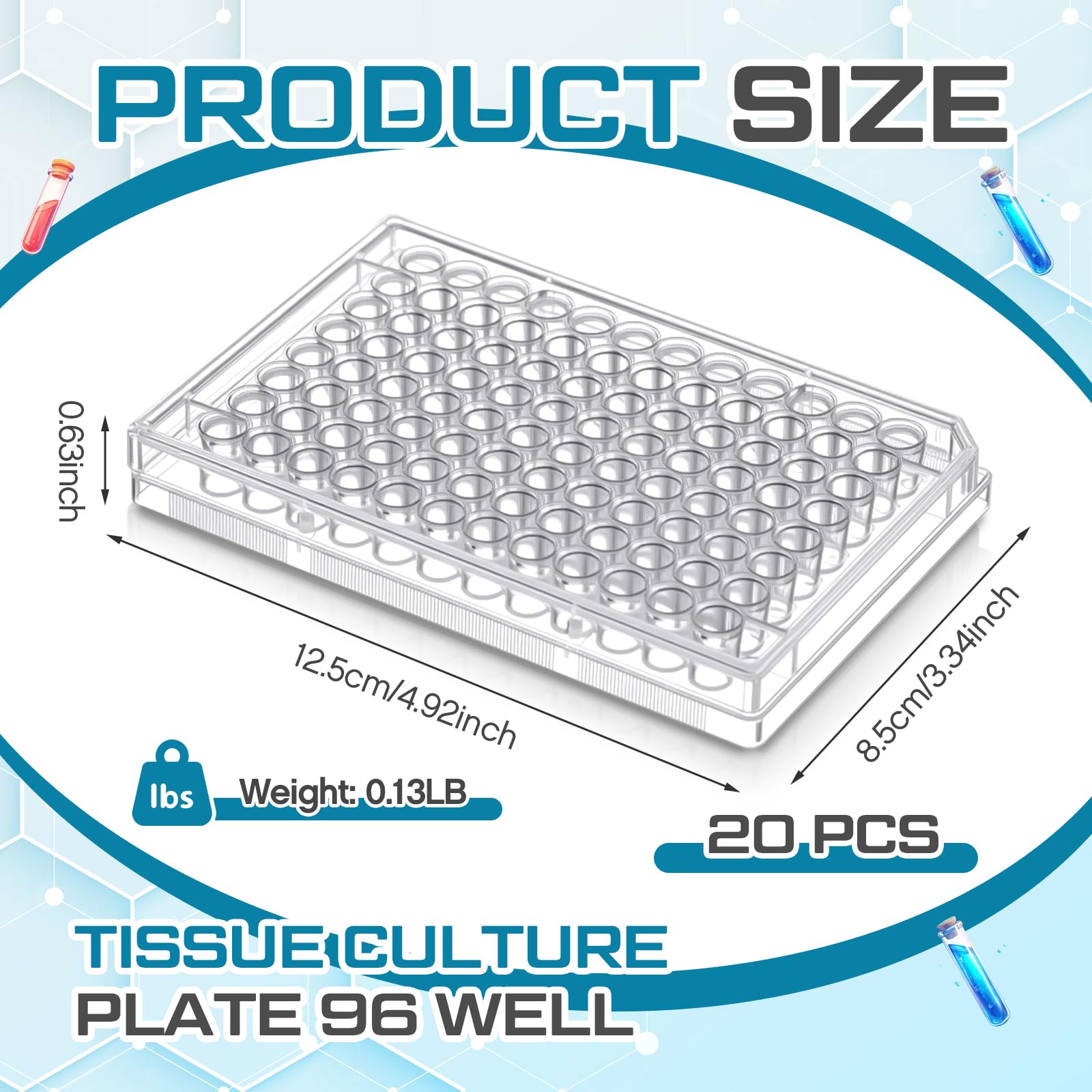 Weysat Lot de 20 assiettes de culture tissulaire à 96 puits avec couvercle, fond plat, matériau en polystyrène transparent, 12 x 8,5 x 1,6 cm, adaptées pour le laboratoire et l'enseignement