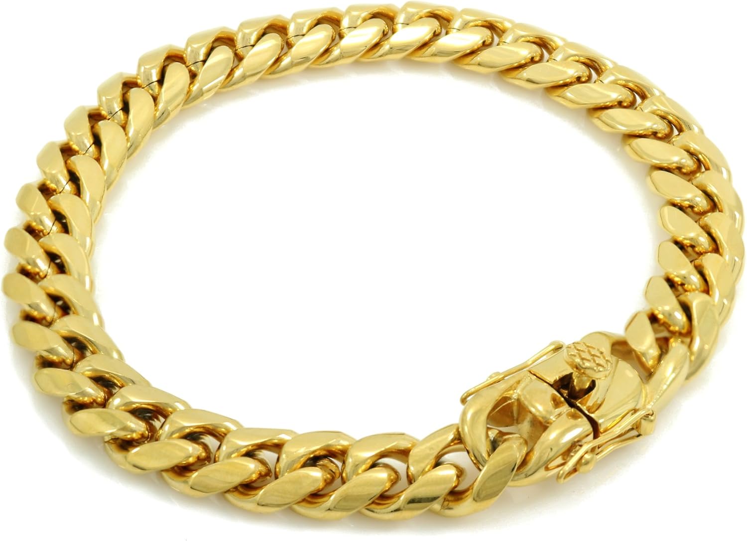Bling Bling NY Men's Anti-Tarnish Solid 14k Yellow Gold Finish Stainless Steel 10mm Thick Miami Cuban Link Chain Box Clasp Lock Necklace 16-30 inches Bracelet 7-10 inches