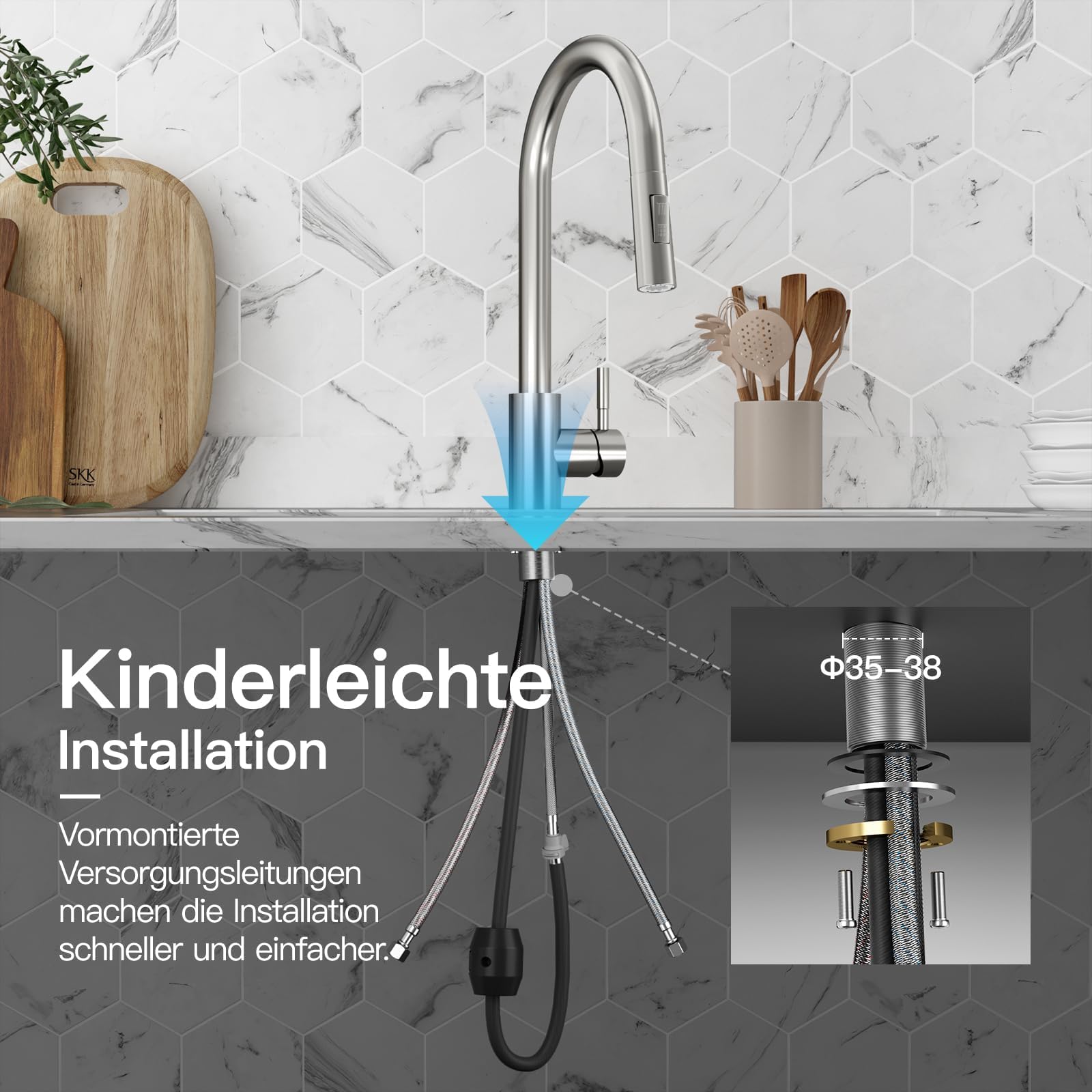 Rainsworth Wasserhahn Küche mit Brause Ausziehbar - Hochdruck Küchenarmatur mit Zwei Wasserstrahlarten, Spültischarmatur 360° Drehung, Mischbatterie Küche aus Edelstahl Einfache Installation