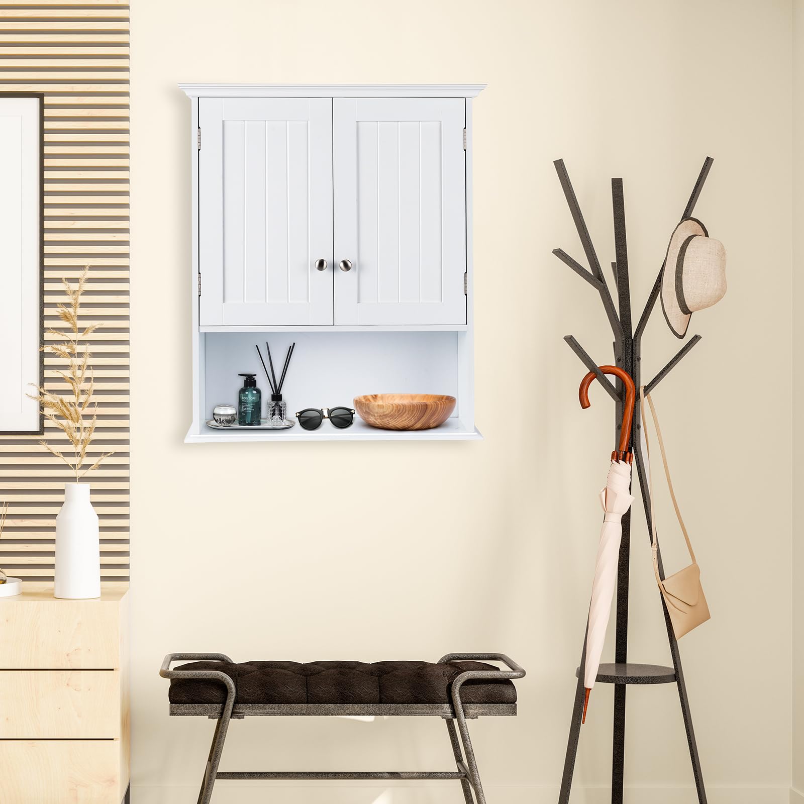 GIANTEX Armadio da Bagno Sospeso, con Ripiano Aperto, Armadio da Bagno con Ante e Mensola Regolabile, Pensile per Cucina, 60 x 19 x 71 cm