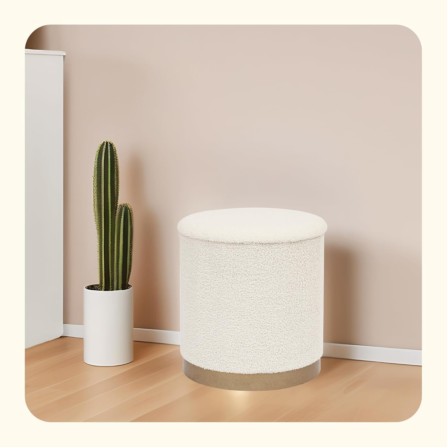 PINPLUS Large Round White Boucle Storage Ottoman, 16.7"x16.7"x17.7" – Textured Teddy Ottoman with Hidden Storage, Modern Coffee Table for Living Room, 250 LBS Capacity