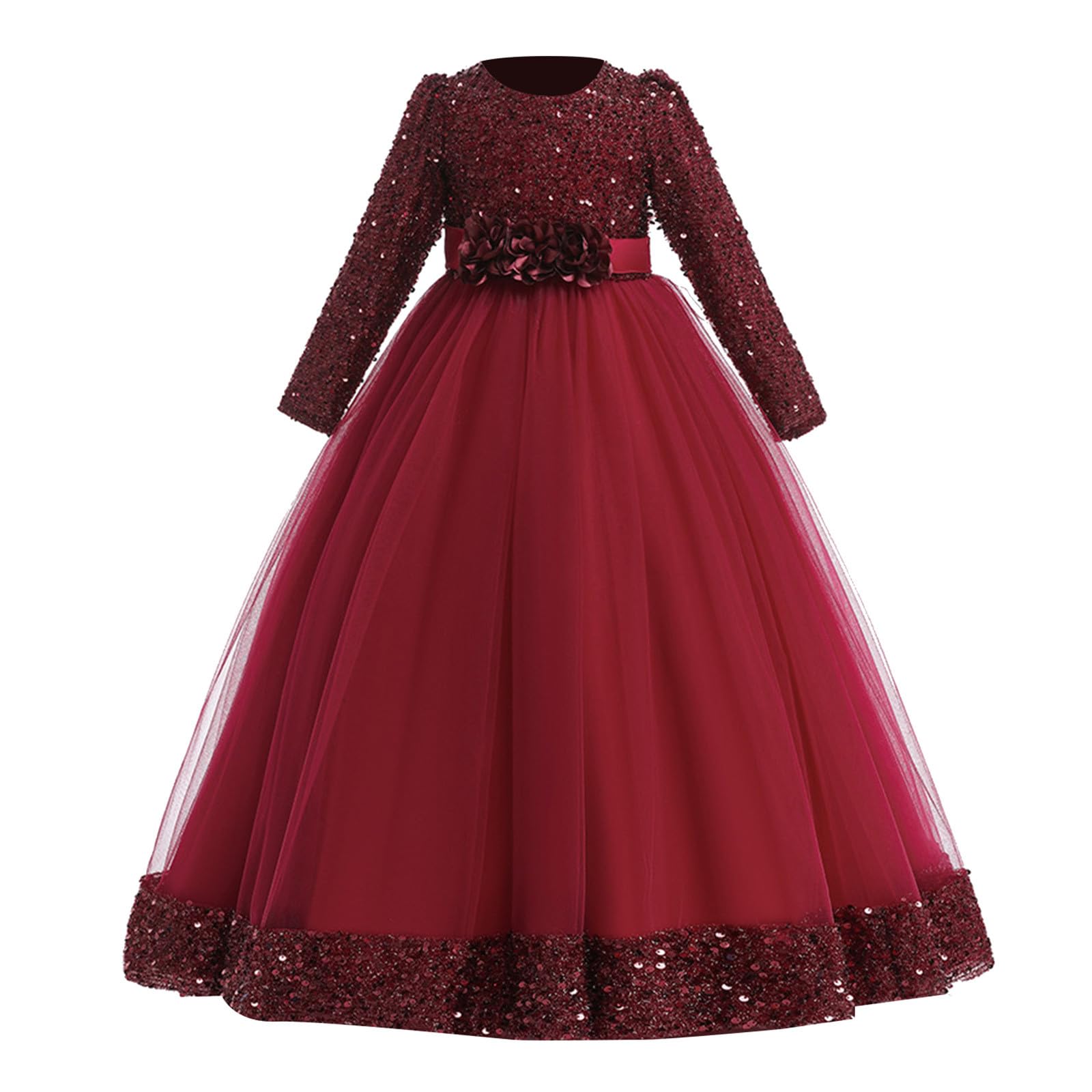 Trendy Sequin Dresses for Kids Girls Long Sleeve Shiny Floral Pleated Comfortable Cute Princess Formal Party Casual Children Teenager Dress