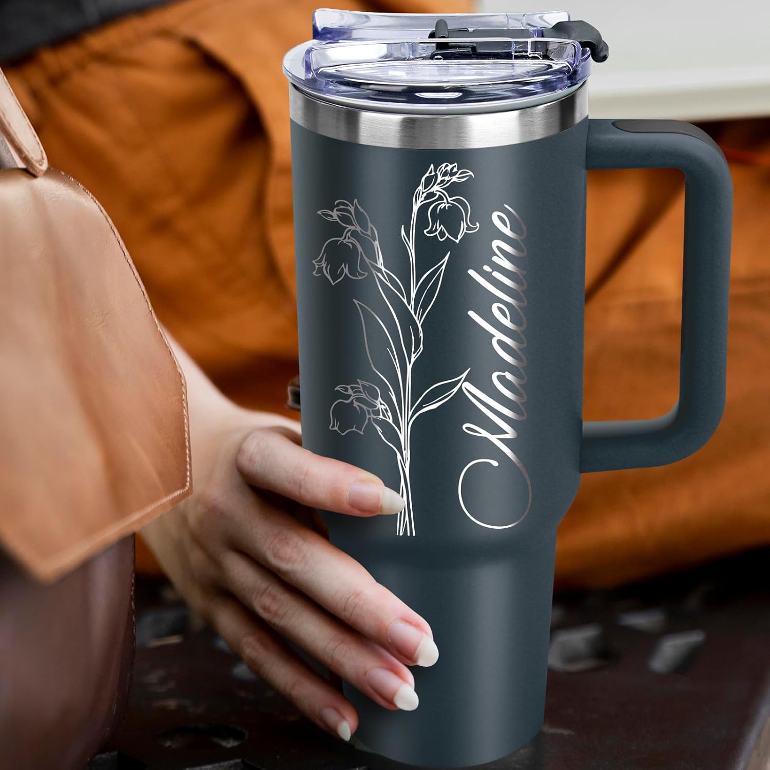 Personalized 40 Oz Tumbler with Handle Custom Tumbler with Name & Birth Flower Month, Stainless Steel Travel Coffee Mug Cup, Birthday Gifts Personalized Gifts for Women Men