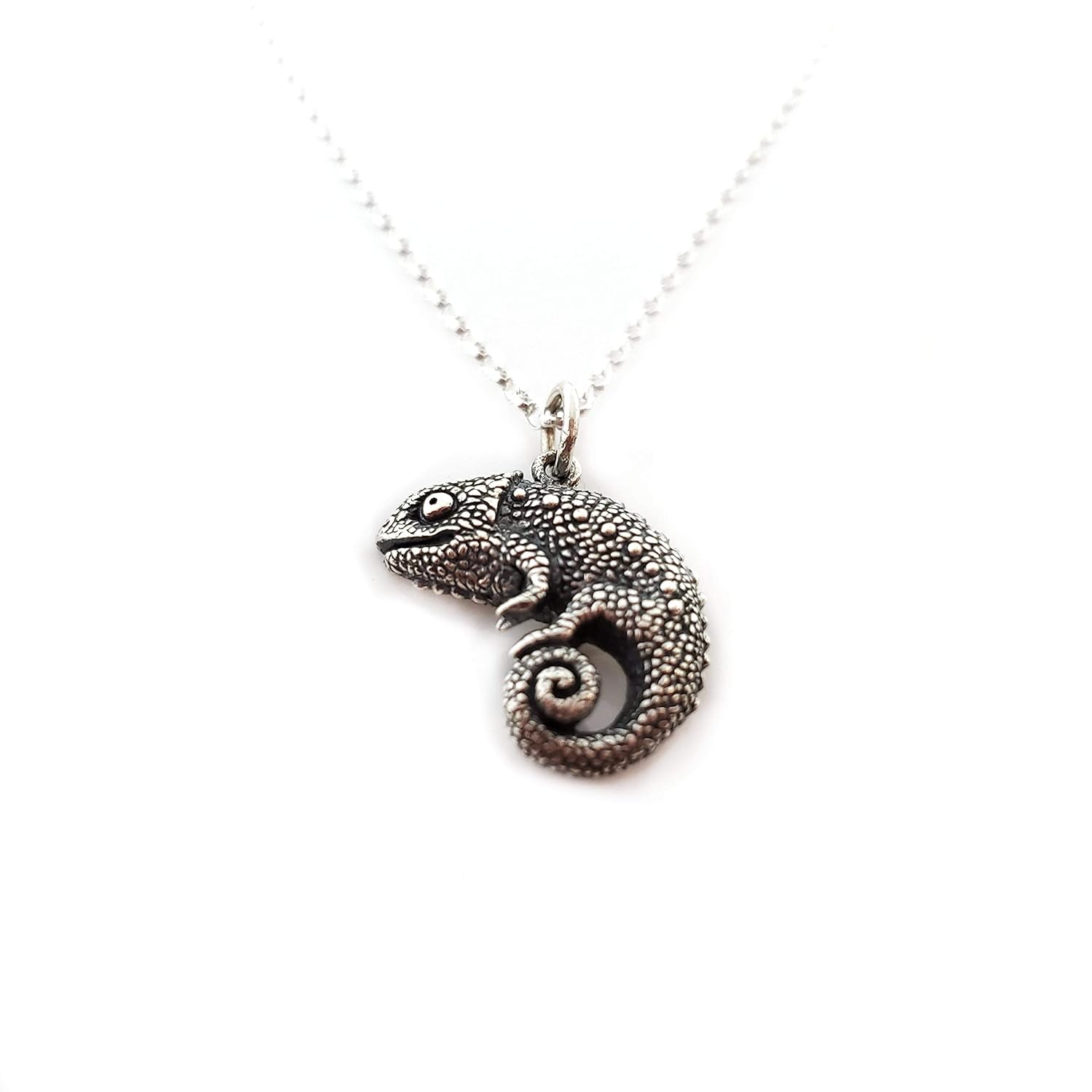 Sterling Silver Chameleon Necklace – Dainty Animal Charm Jewelry – 18 Inch Chain – Handmade Gift for Her