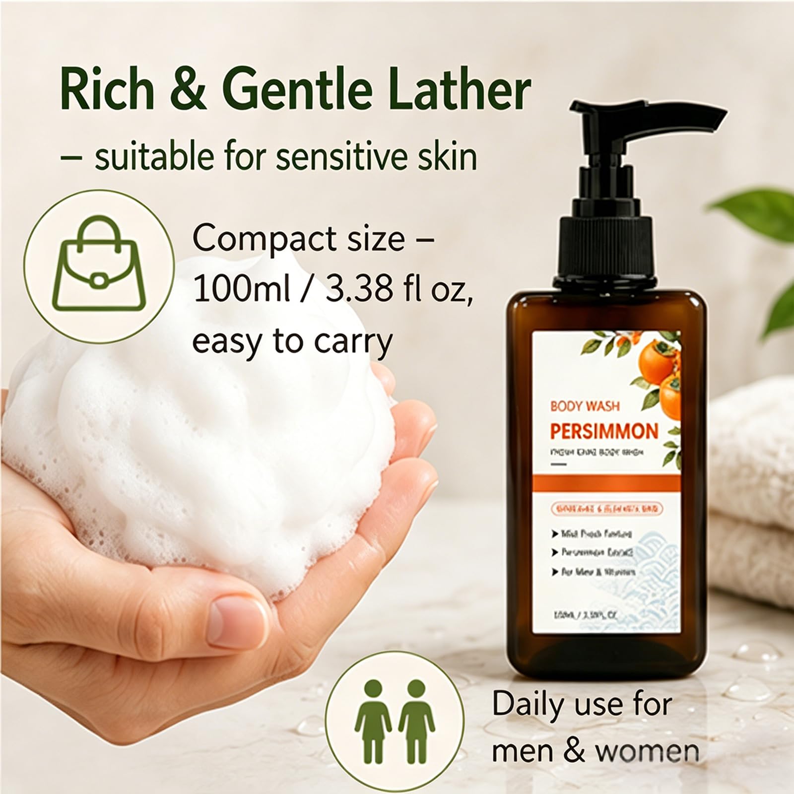 Persimmon Body Wash z ekstraktem z owoców persimmon i ekstraktem z zielonej herbaty, delikatny nawilżający żel pod prysznic z masłem shea i gliceryną, codzienny środek czyszczący dla mężczyzn i kobiet