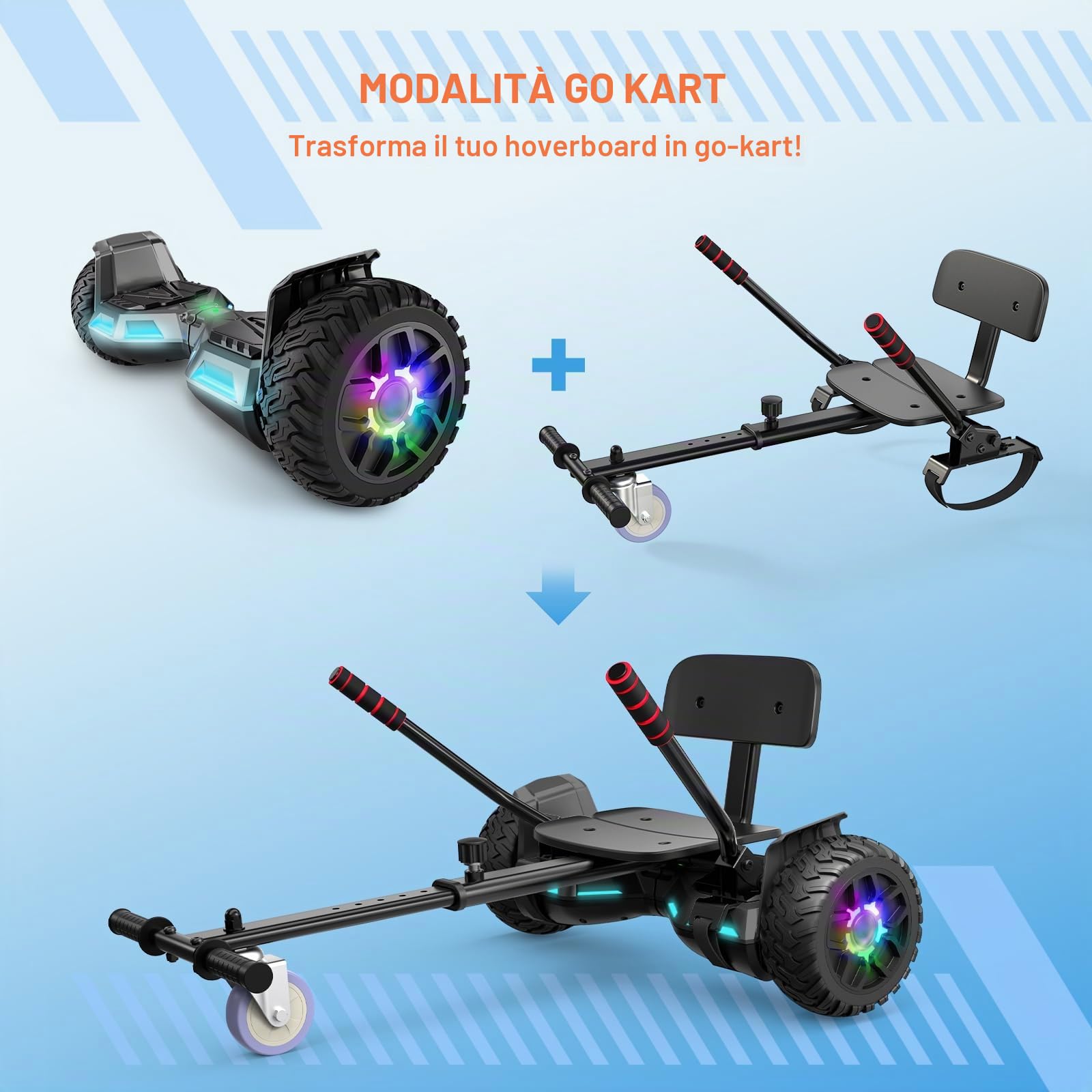 Scooter con seduta, 8,5" Hoverboard Go Kart Combo con luci LED colorate e Bluetooth, per bambini ragazzi ragazze adulti di tutte le età