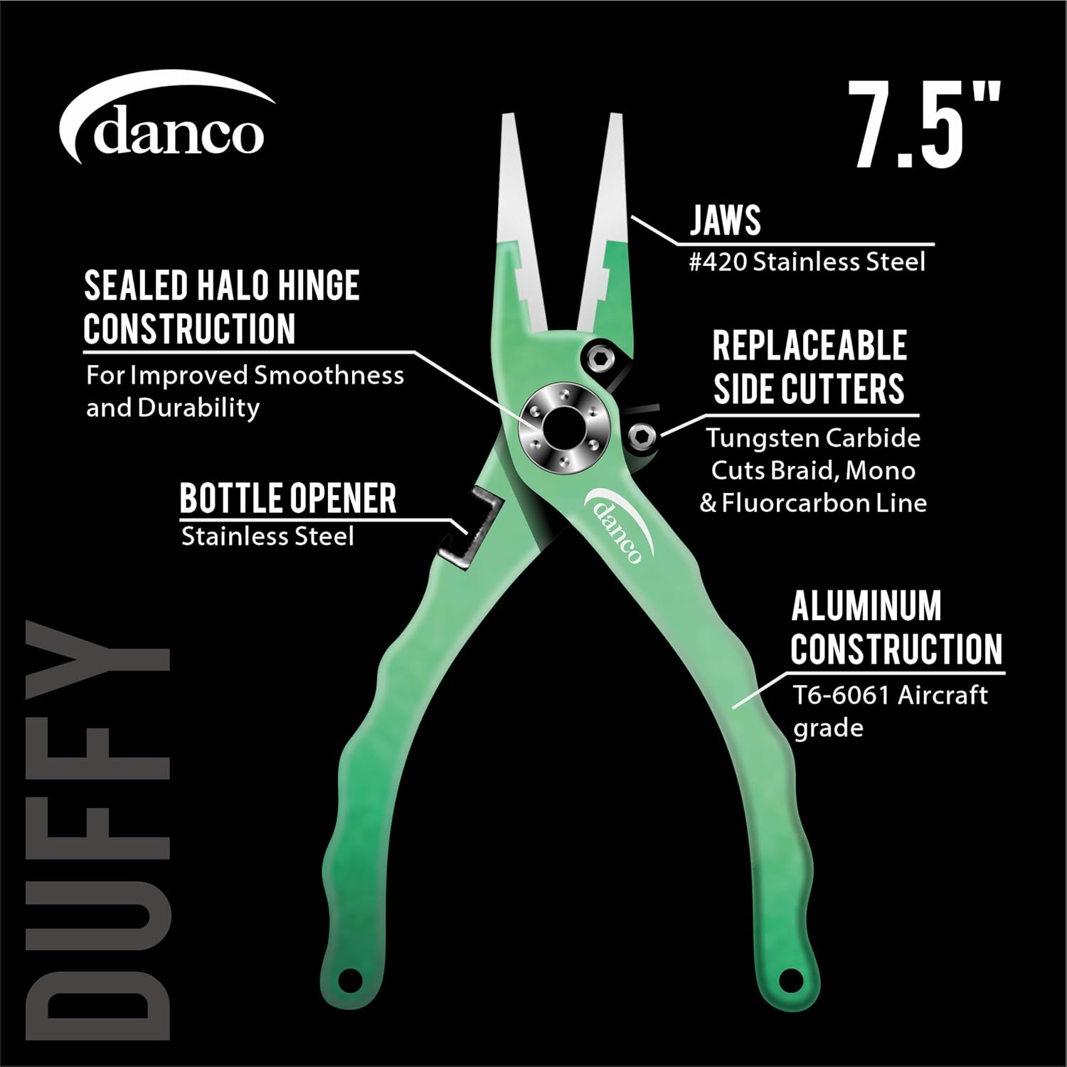 danco duffy 7.5-inch Fishing Pliers with Replaceable Line Cutters, Aircraft Grade Aluminum Fishing Gear, Saltwater Resistant Fishing Tools, Rubberized Paint Coating (Emerald)