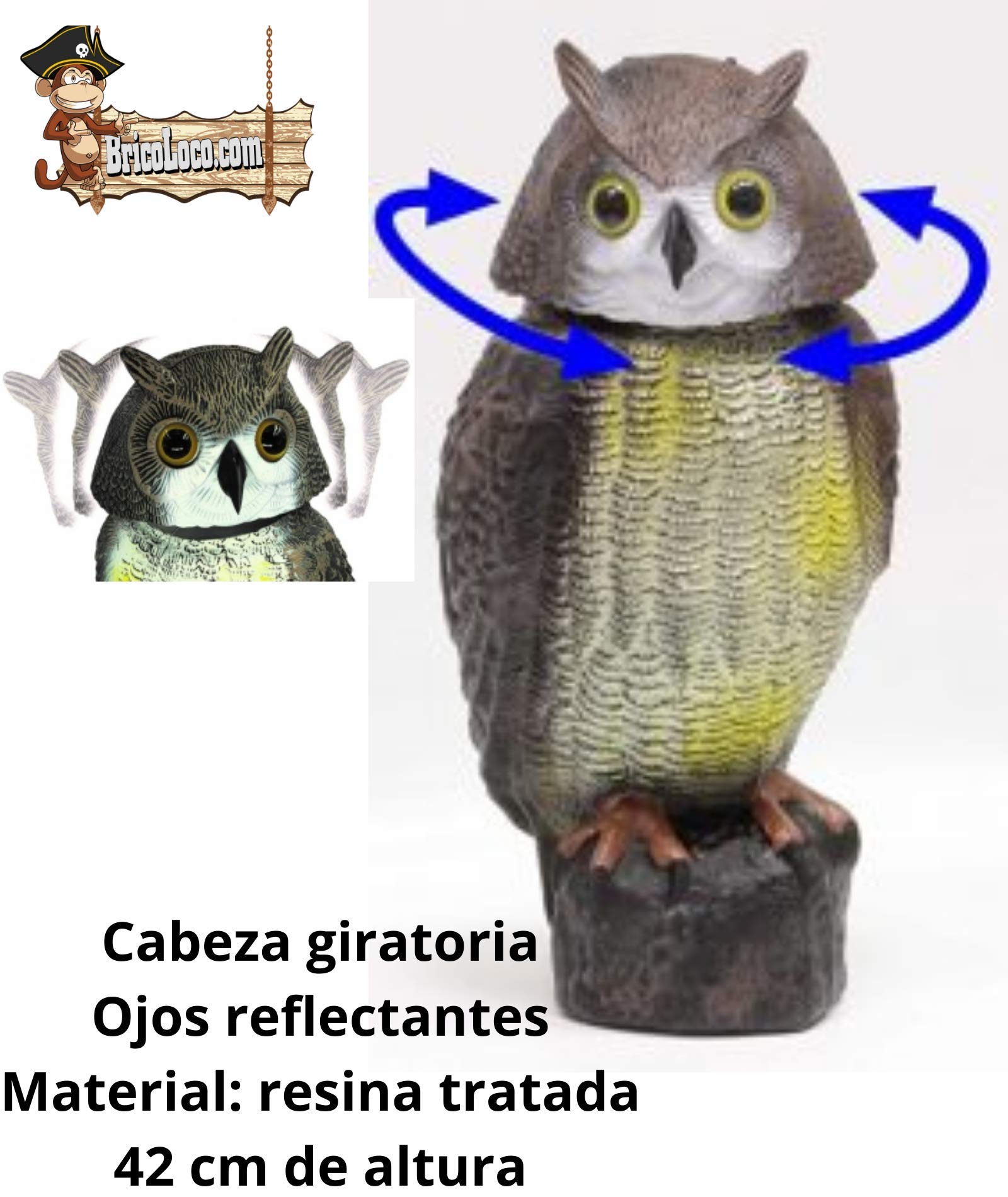 BricoLoco Pack Búho + Cometa espantapájaros. Pack Ahuyentador de pájaros, aves, palomas. Ideal para huerto o jardín.