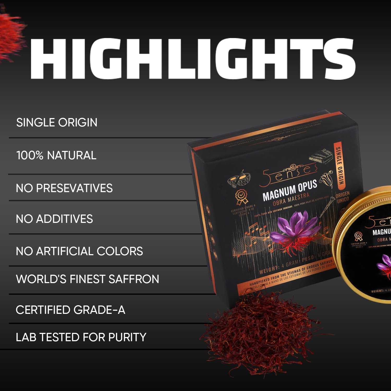 5Senses Kashmir Mongra Saffron | Azafran | Magnum Opus | Premium Grade A Saffron Threads | Whole Red Gold Spice | Single Origin, Non-GMO, Fairtrade, Gluten-Free, Vegan, Plastic Neutral ((0.14oz/4g))