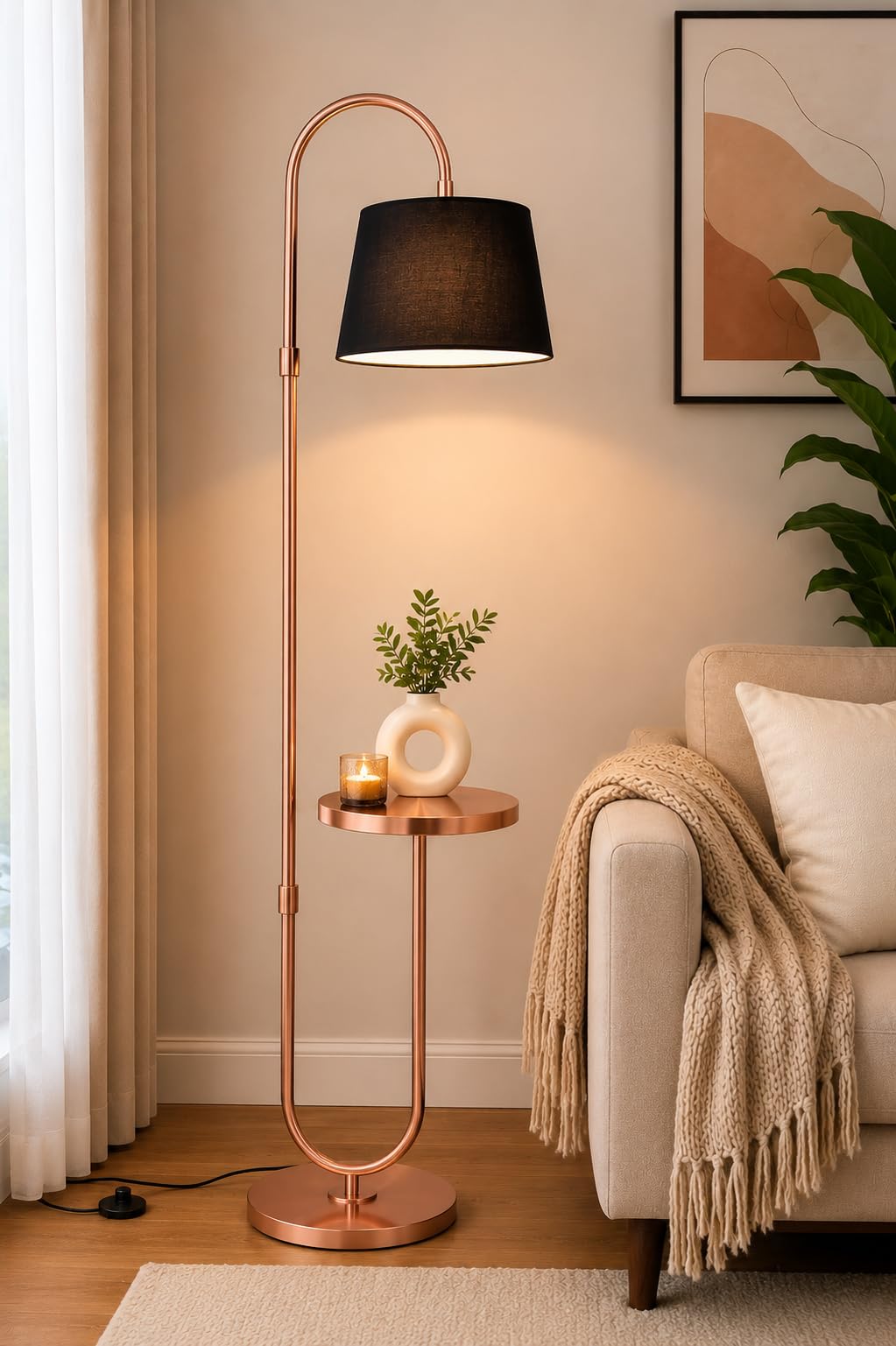 Modern Floor Lamp with Side Table, 60 Inch Metal Standing Lamp with Black Fabric Lampshade, E27 Holder, Foot Switch, Heavy Round Base, Utility End Table for Living Room, Bedroom, Office, Home Decor-image-48