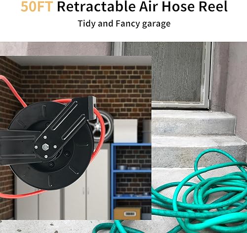 Miniatura 2 de BHTOP Carrete de manguera de aire retráctil de 50 pies con plomo de 5 pies en un diseño patentado máximo de 300 PSI, carrete de manguera híbrido
