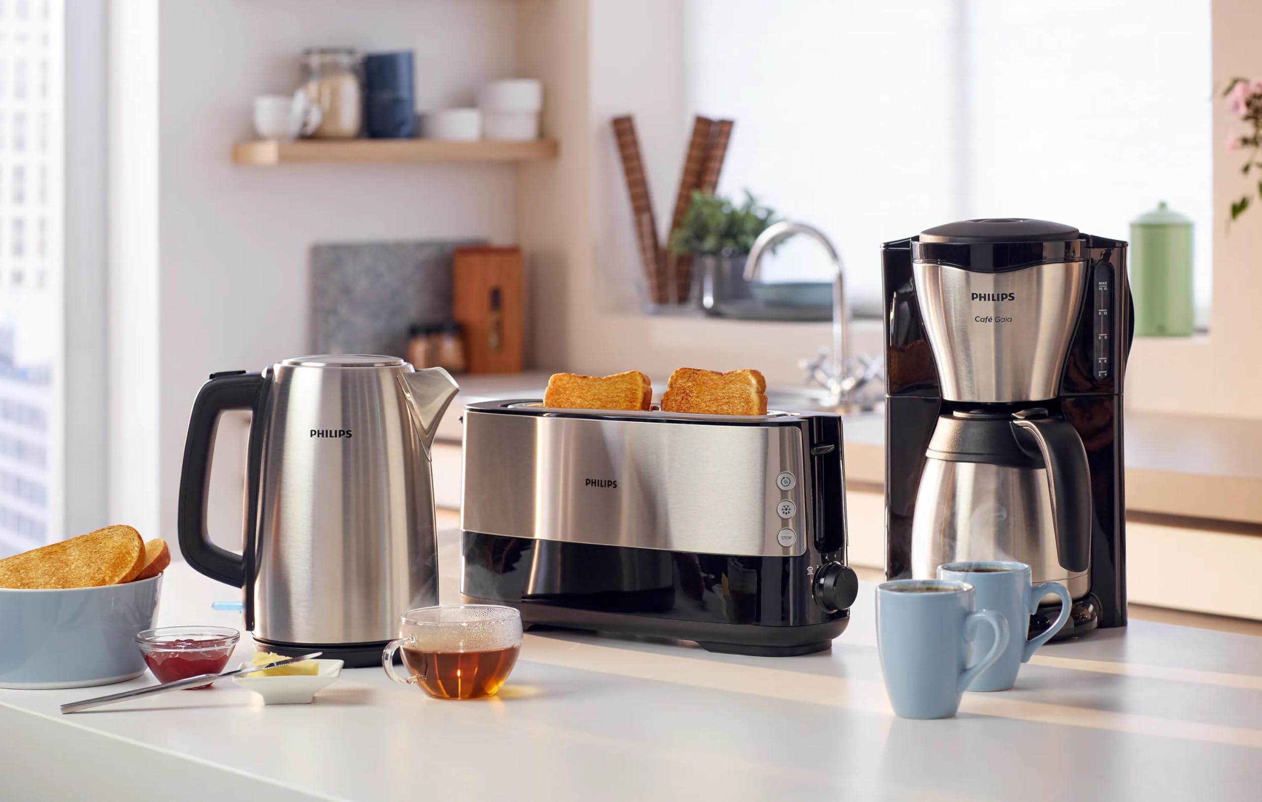 Philips Wasserkocher Viva Collection, Metall, 1,7 L | Mit Kontrollanzeige, 360°-Pirouettenbasis, Mikro-Sieb-Filter, Blaue Leuchtanzeige (HD9351/90)