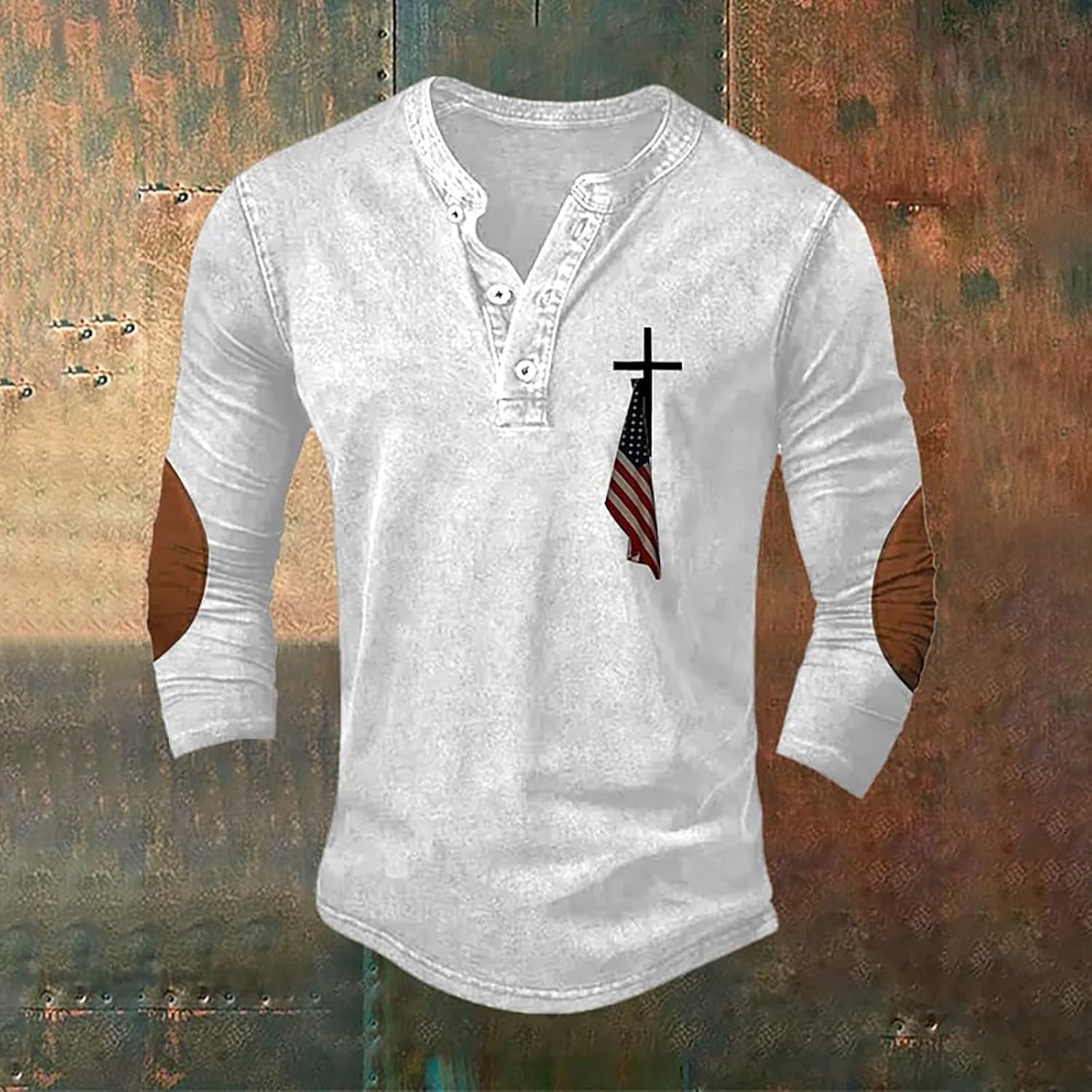 Christian Shirts for Men Jesus Faith Cross American Flag Graphic Henley Shirt Religous Long Sleeve Pullover Tops - Image 2
