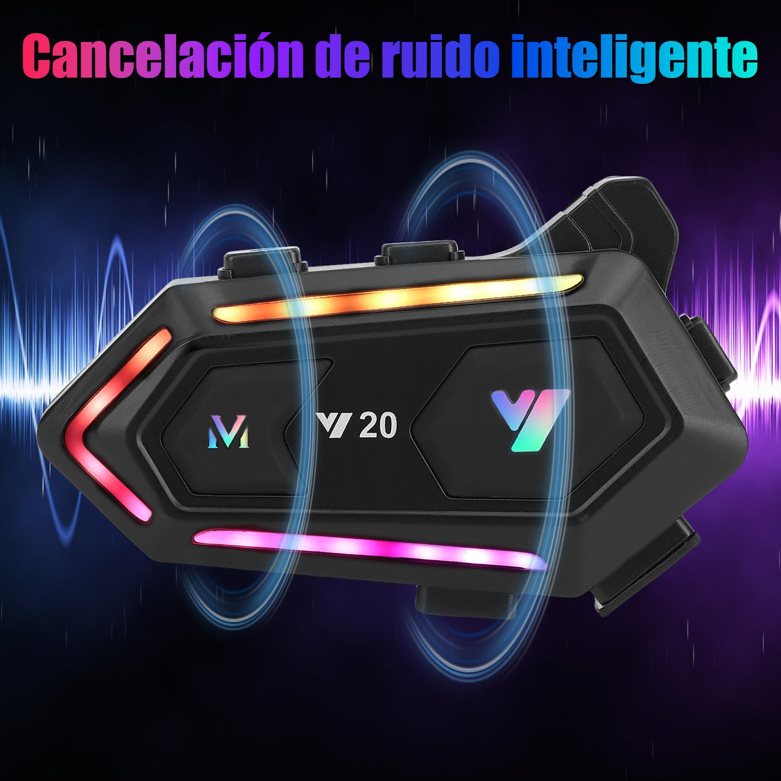 Intercomunicador de Motocicleta Casco Moto Cancelación de Ruido, Altavoz Dual, IPX6, Luces de 16 RGB, Batería de 1000 MAh, Respuesta Automática, Tecnología Inalámbrica 5.3
