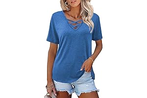 Womens Tops, Short Sleeve V Neck Shirts, Loose Casual Blouses, Summer Tees, Criss Cross