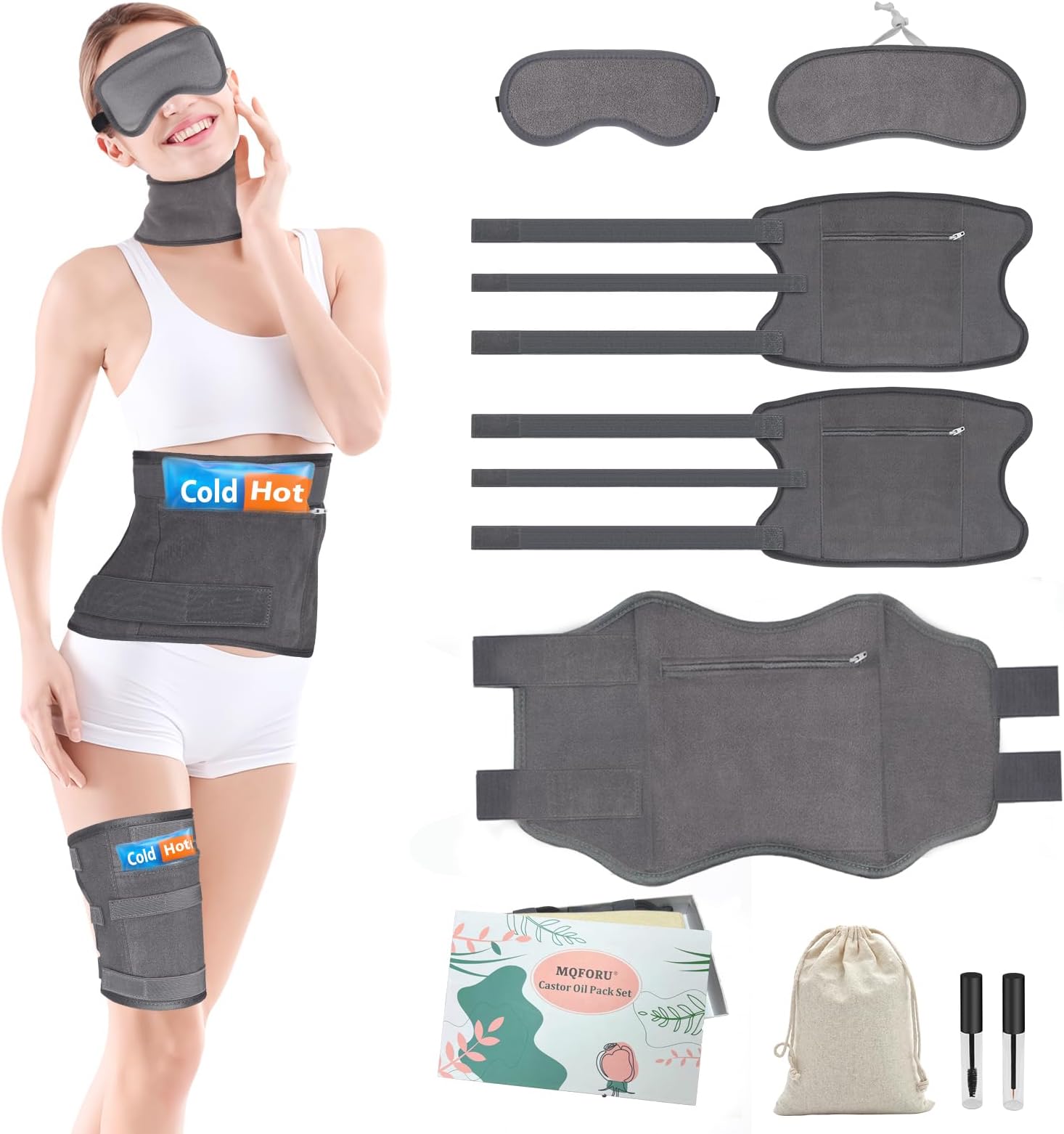 Castor Oil Pack Wrap Kit, 8Pcs Castor Oil Pack Wrap Pads for Stomach Neck Leg Knee Eye Full Adhesive Fabric Reusable