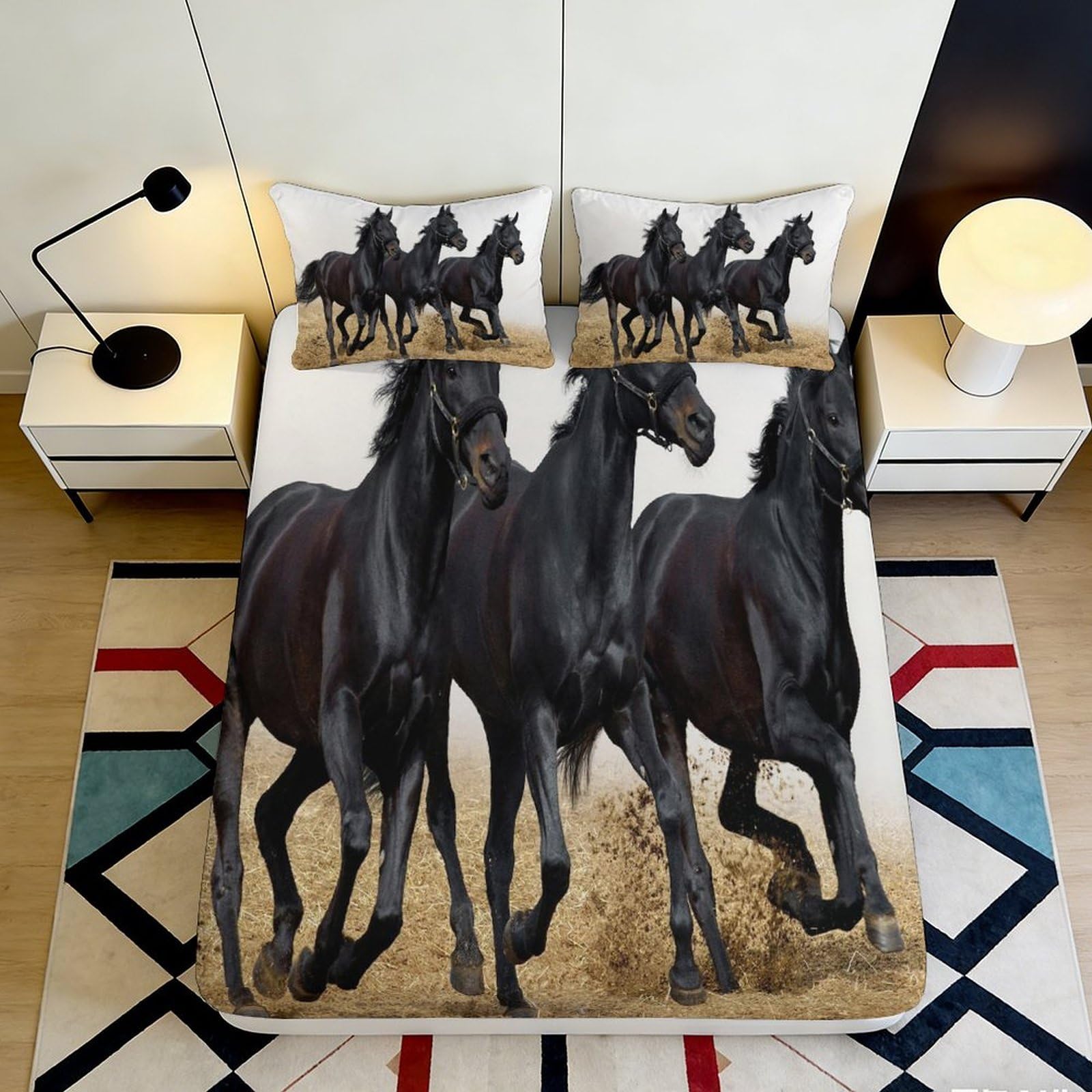 3D Printed Black Horse Fitted Sheet Microfiber Soft Durable Galloping Horses Bed Cover for Bedroom Dormitory Guest Room Mattress Protection 200x200x25cm