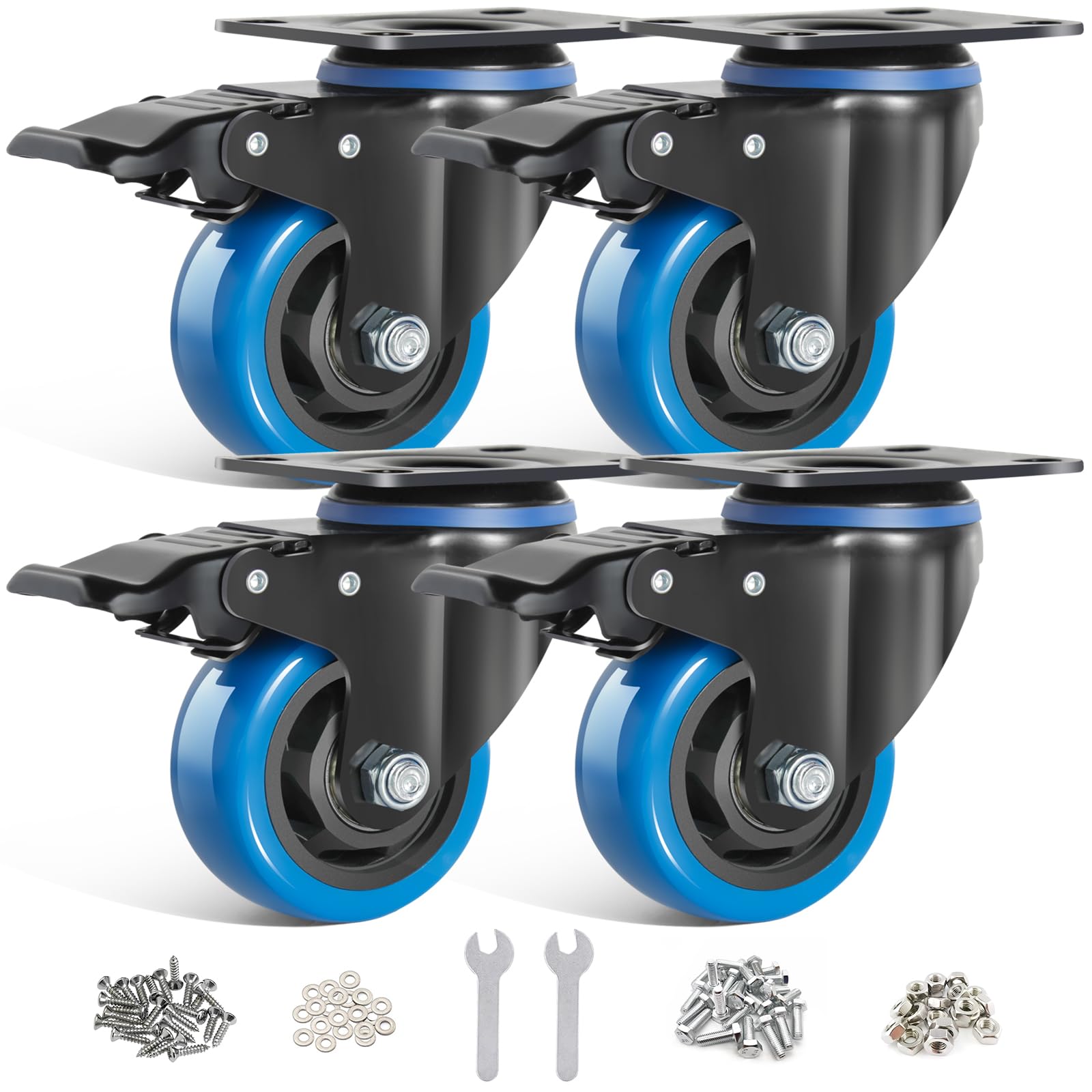 Lot de 4 Roulettes Pivotantes Bleues 75mm avec Frein - Charge Lourde 500KG, Rotation à 360 Degrés pour Meubles, Chariots et Établis