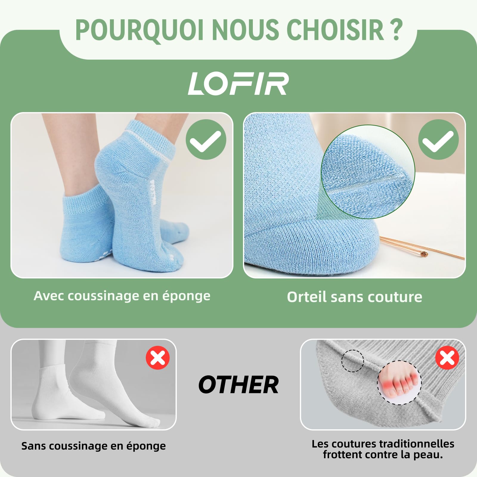 LOFIR Chaussettes Diabétiques Antidérapantes Femme: Socquettes Sans Couture Sans Élastique en Bambou Homme avec Semelle Coussinée pour Pieds Gonflés Personnes Âgées Enceintes