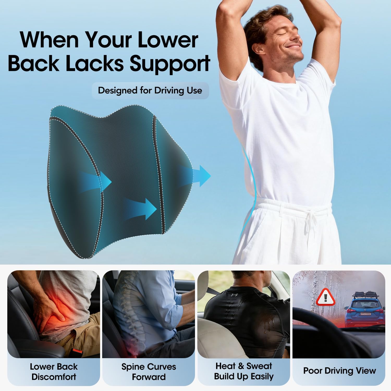 Lumbar Support Pillow for Car Seat – High-Density Memory Foam, Provides Comfort for Long Drivers, Relieves Lower Back Discomfort, Adjustable Strap Stays Put, Fits Most Cars, SUVs & Trucks (Black) - Image 2