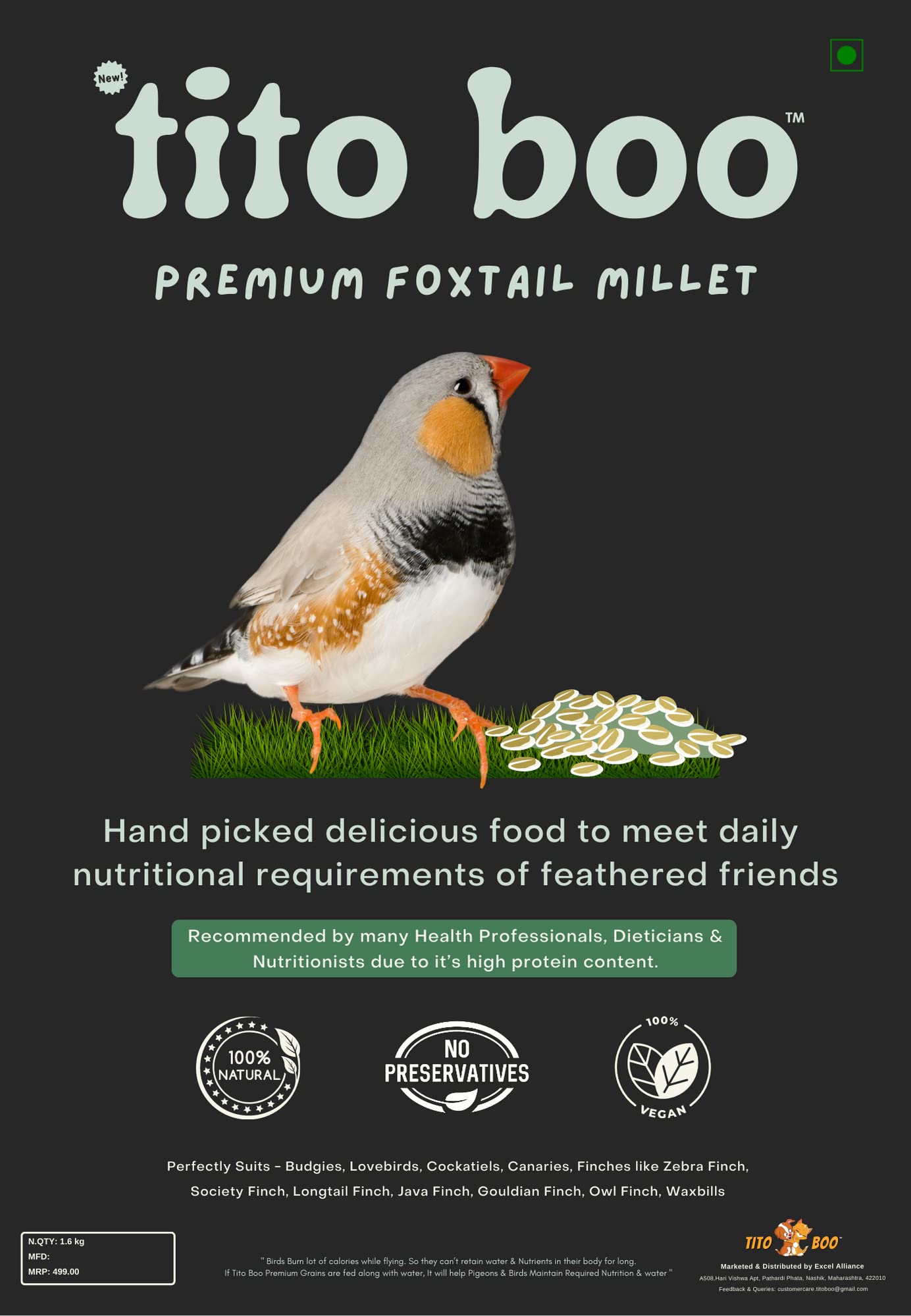 Tito Boo Premium Foxtail Millet (Kangni) Bird Food for The Canaries, Finches, Waxbills, Budgies, Lovebirds, Cockatiels Economic Pack (1.6 Kg) (B0B9K6K21H) Amazon Price History, Amazon Price Tracker
