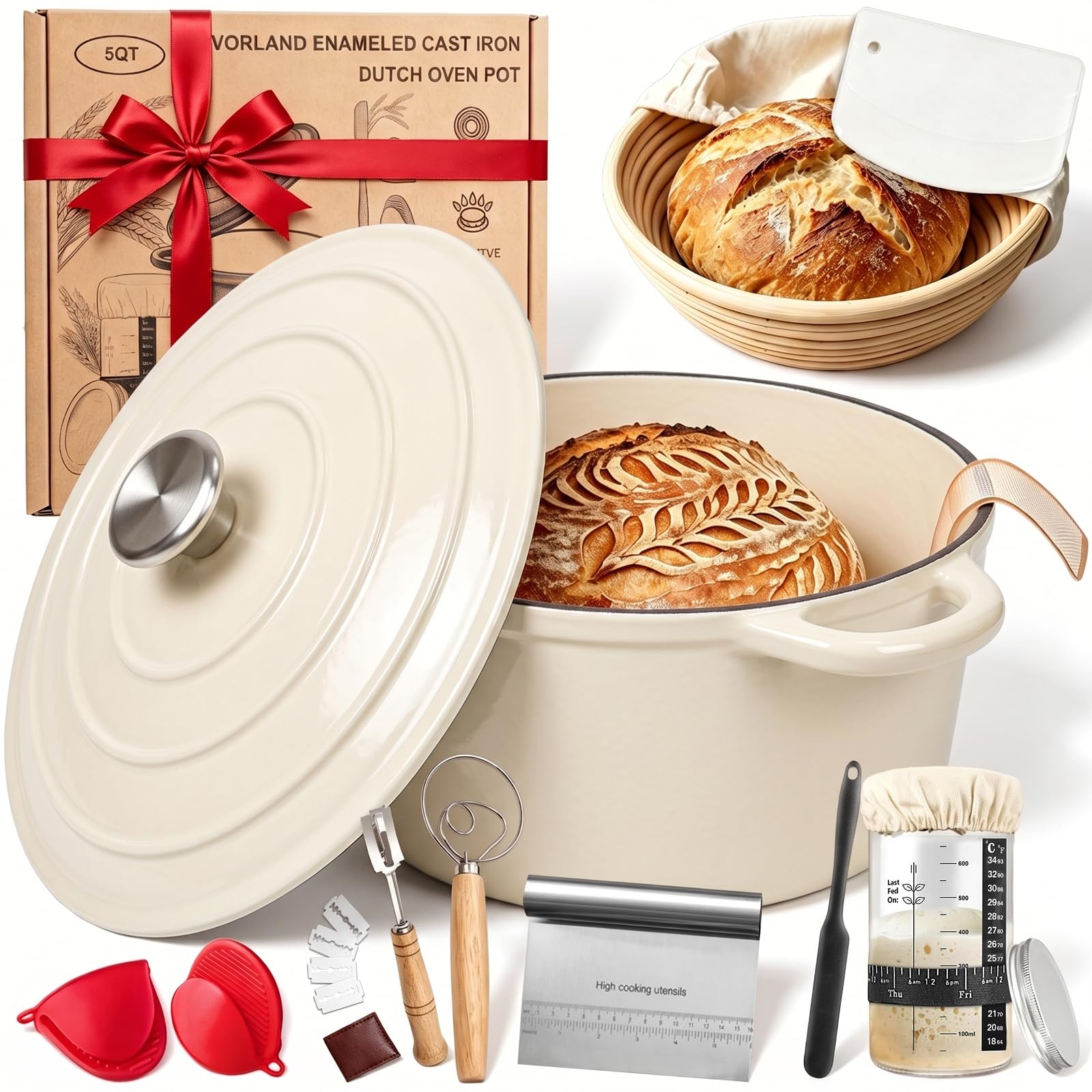 Enameled Cast Iron Dutch Oven Pot with Lid 5.5QT, Sourdough Bread Baking Supplies with Banneton Bread Proofing Basket Set &amp; Starter Jar, Unique Dutch Oven for Bread Baking (Cream White)