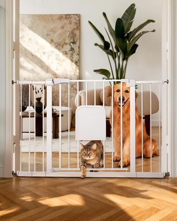 Adjustable Pet Gate with Cat Door, Auto-Close Pressure-Mounted Safety Gate for Doorways & Stairs – Ideal for Multi-Pet Homes (29–45 Inches, White) by FuzzyNest - Used condition - CA$89.99