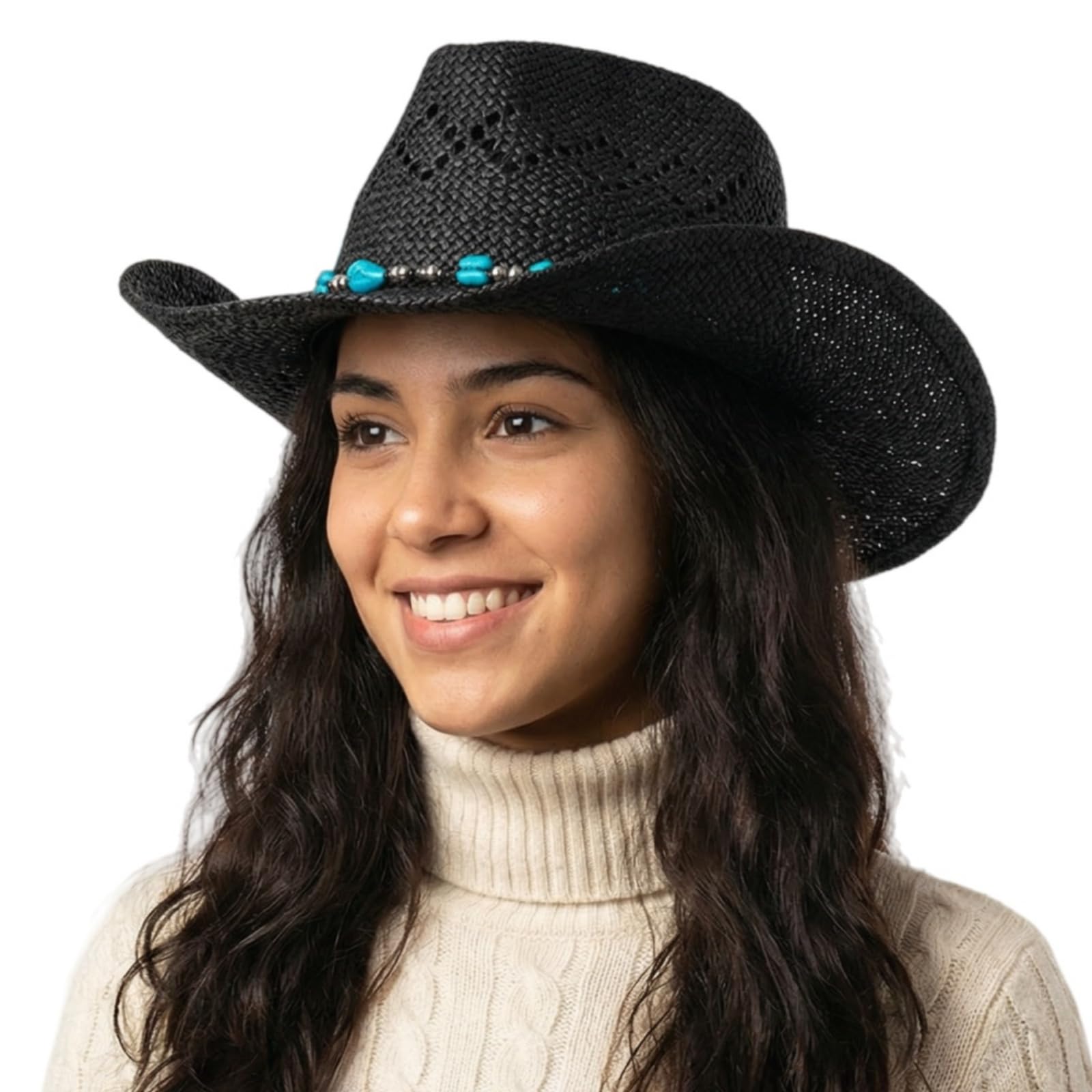 Chapeau de cowboy en paille pour femme - Chapeau de cowgirl western avec bordure en perles et bord malléable