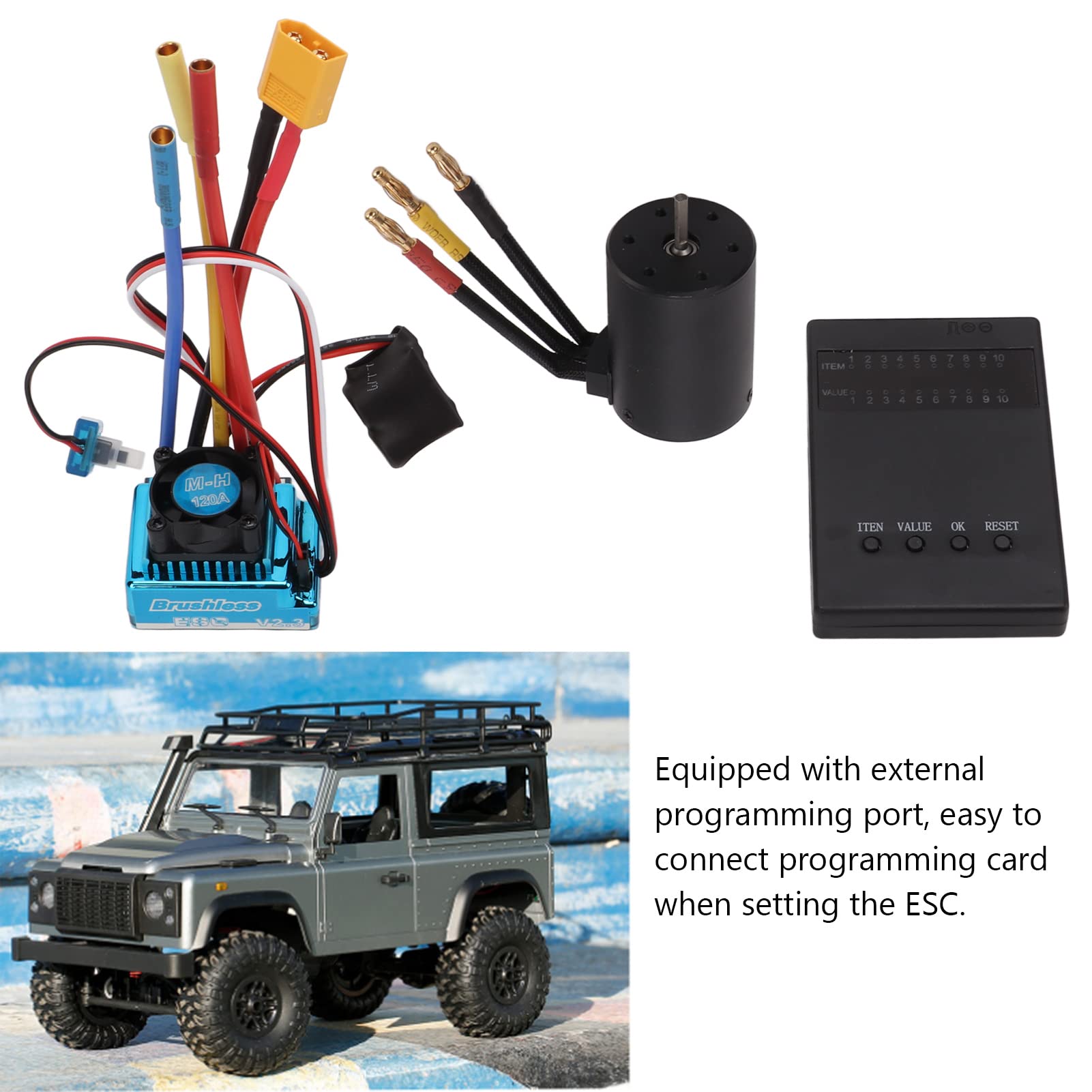 Silnik bezszczotkowy, do 1/8 1/10 RC – silnik o dużej prędkości 3650 2300 kV, 120 A ESC, wtyczka XT60, karta programowania, zestaw wentylatorów, wydajne rozdzielanie ciepła,