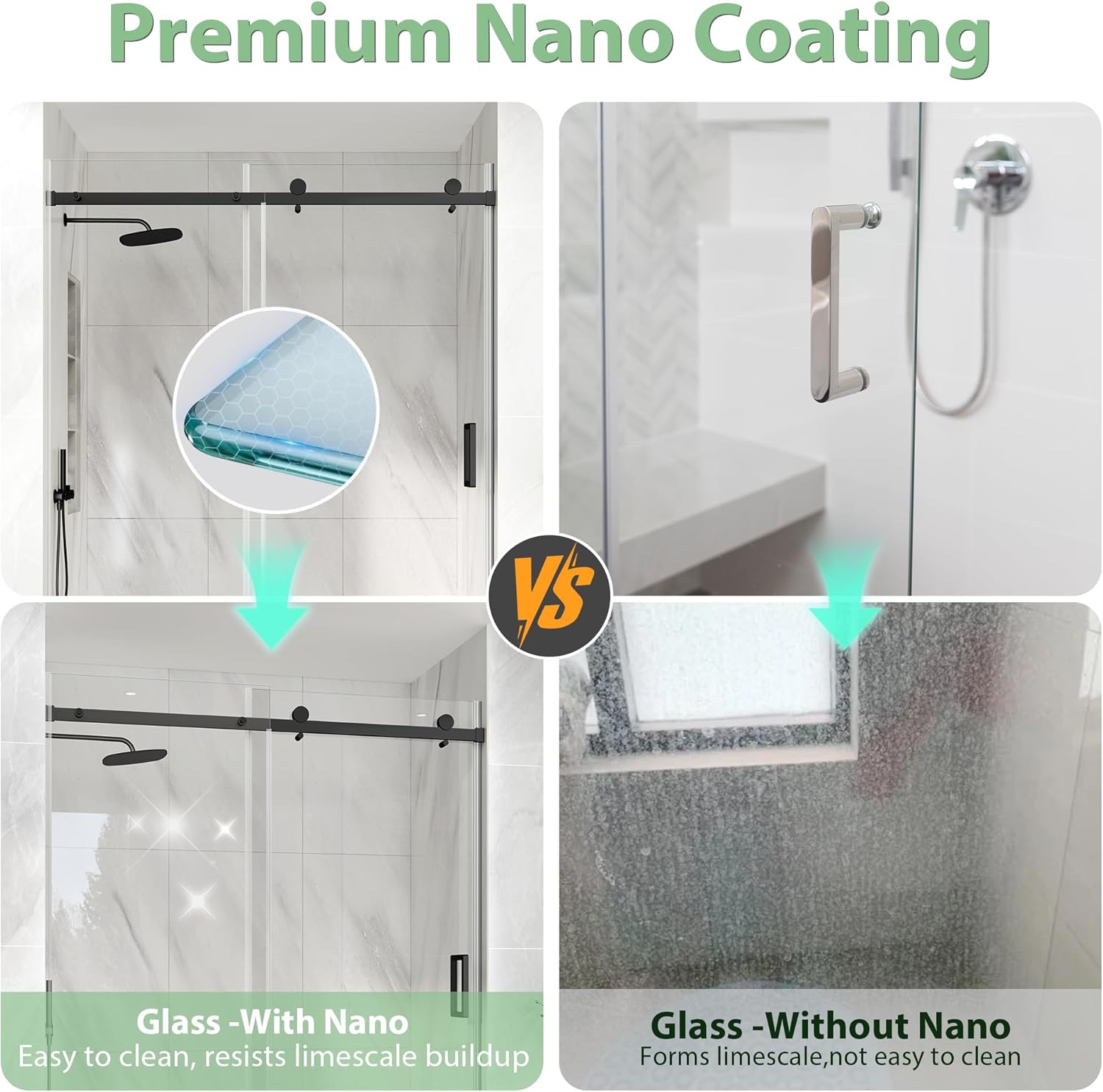 KPUY Frameless Shower Door, 55-60" W x 76" H Sliding Glass Shower Door, 1/4" (6mm) Thick Tempered Clear Glass with Explosion-Proof Film Nano Coating in Matte Black Finish