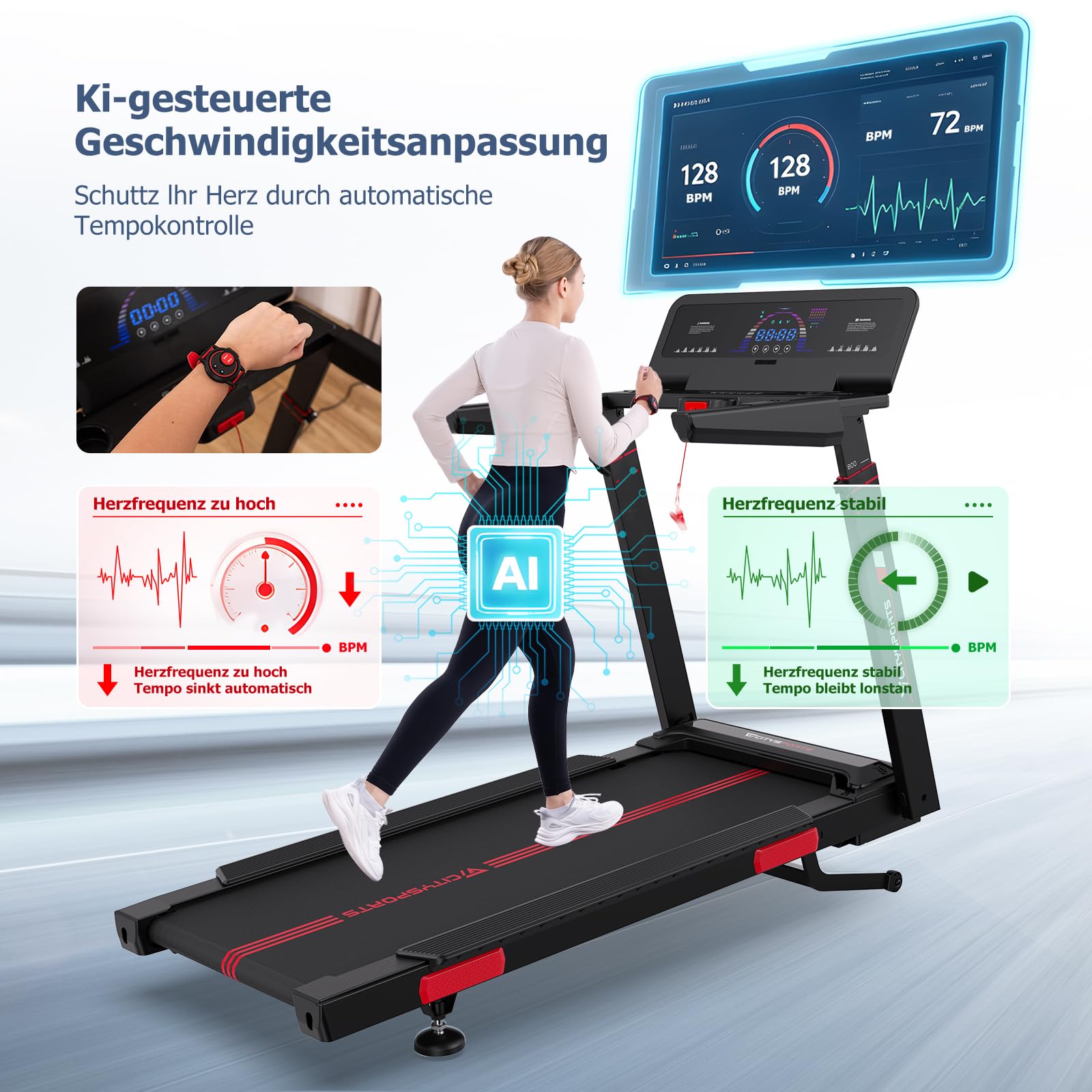Laufband für Zuhause Klappbar mit Steigung bis 200 kg belastbar, 16.5 km/h Walking Pad mit KI Sprachsteuerung und Bosch Motor, Leise Elektrisches Laufband Schreibtisch mit App