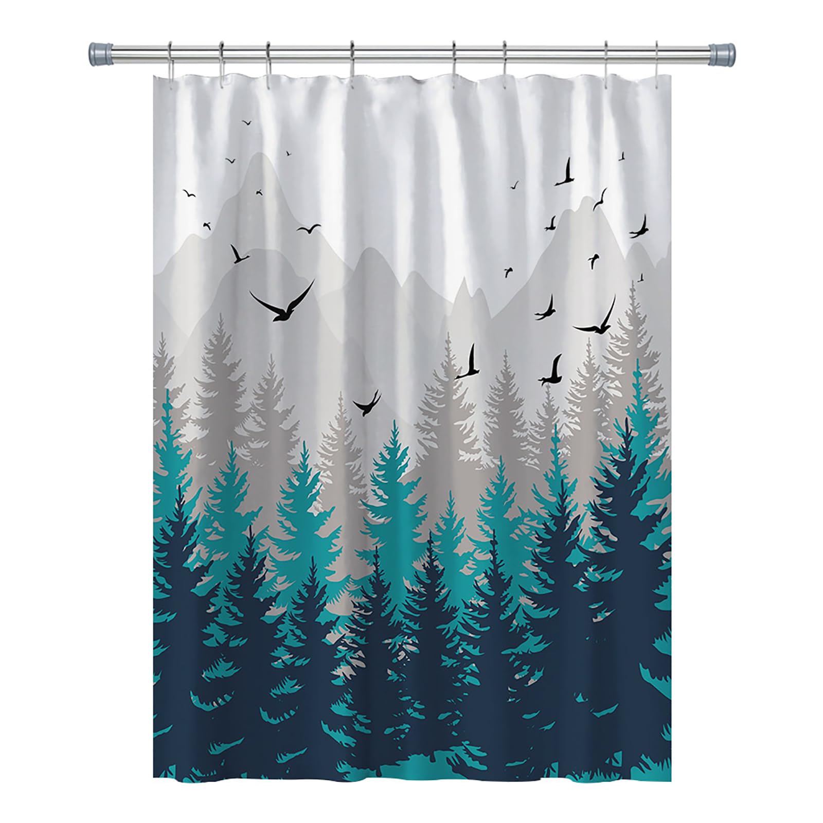 RV Shower Curtains Forest Mountain Happy Camper, Fabric RV Bathroom Curtain Sets with Hooks 47WX64H Inches (Green Grey)