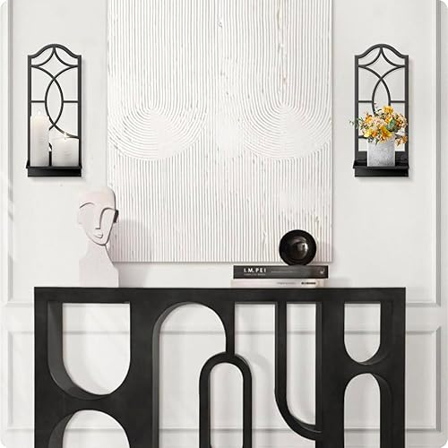Miniatura 6 de Juego de 2 candelabros de pared, decoración artística de pared de metal negro, portavelas de pared de línea moderna para sala de estar, comedor,