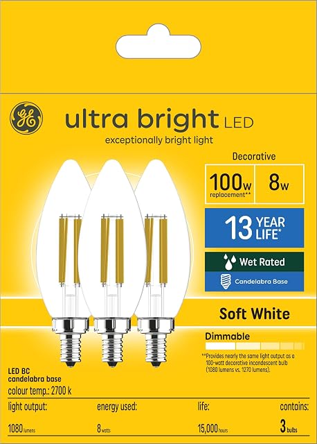 GE Ultra Lumineux LED 100 Remplacement Watt, blanc doux, B11 Déco - Ampoules à bougies (3 Boîte)