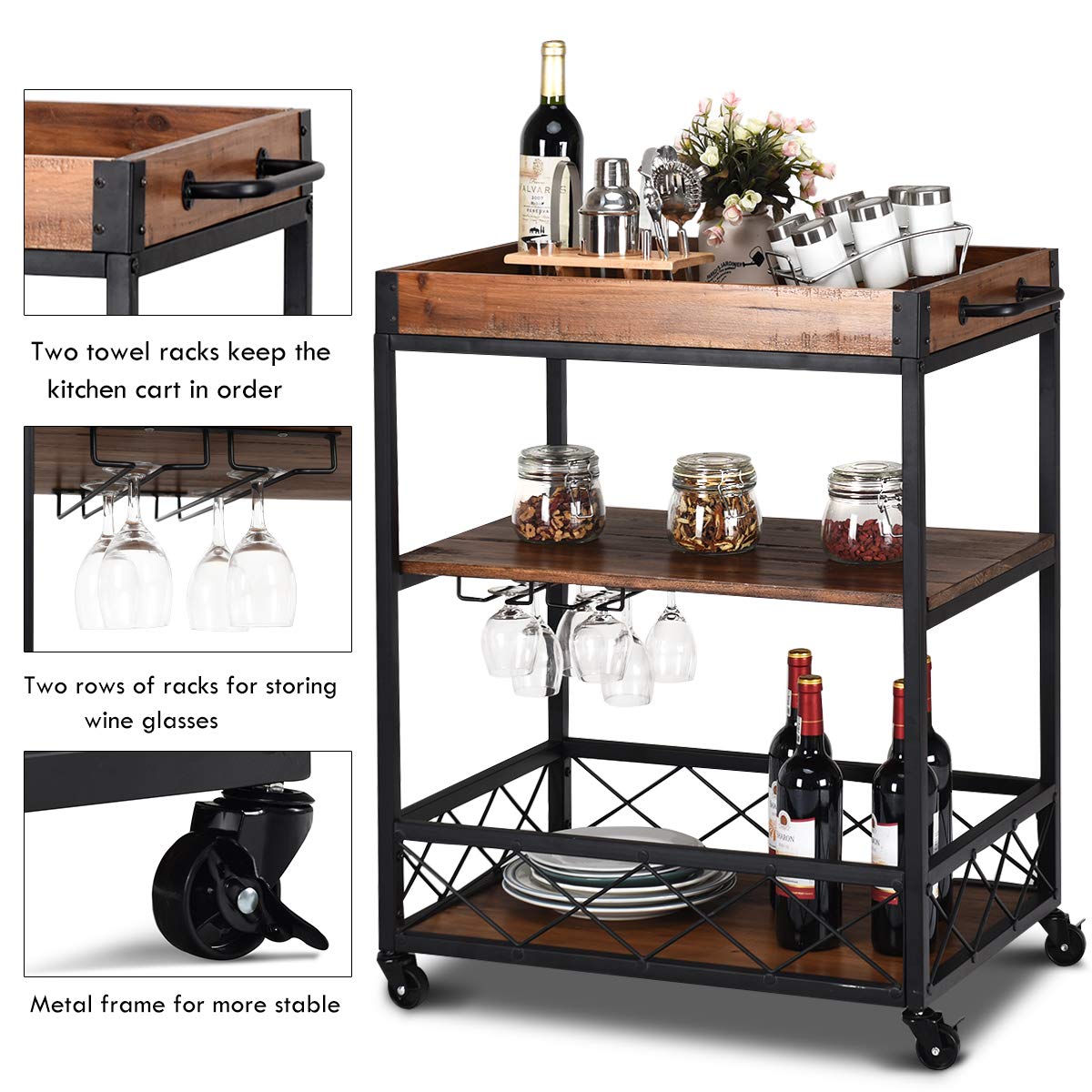 Giantex Industrial Bar Serving Cart, Mobile Kitchen Island Cart, Wood