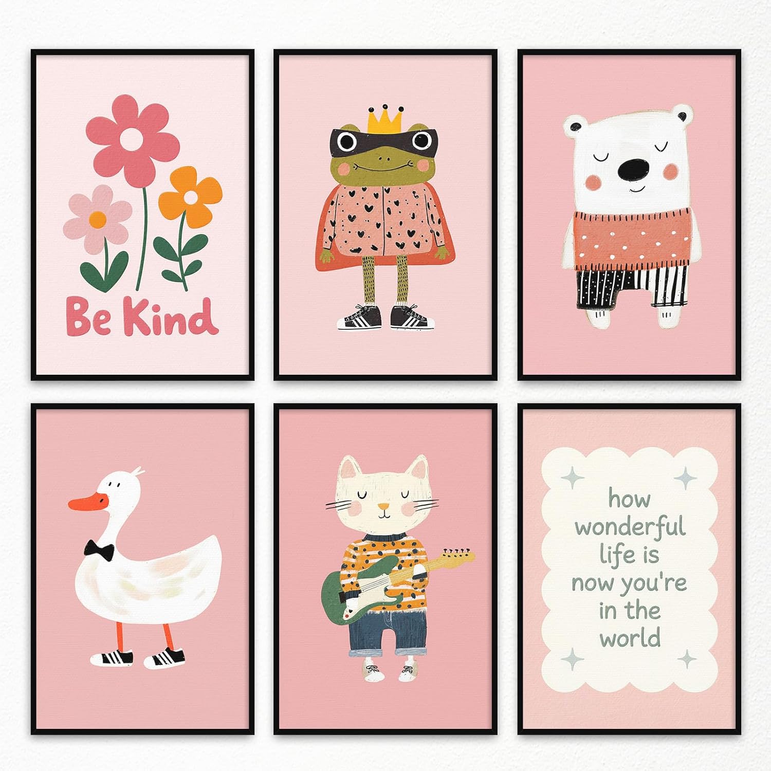 6pcs Pink Nursery Animal Canvas Wall Art, Cute Dog and Cat Poster for Kids Room, Warming Be Silly Be Honest Be Kind Quote Print, Girly Bedroom Chic Goose with Pink Hat Picture 12x16in Unframed