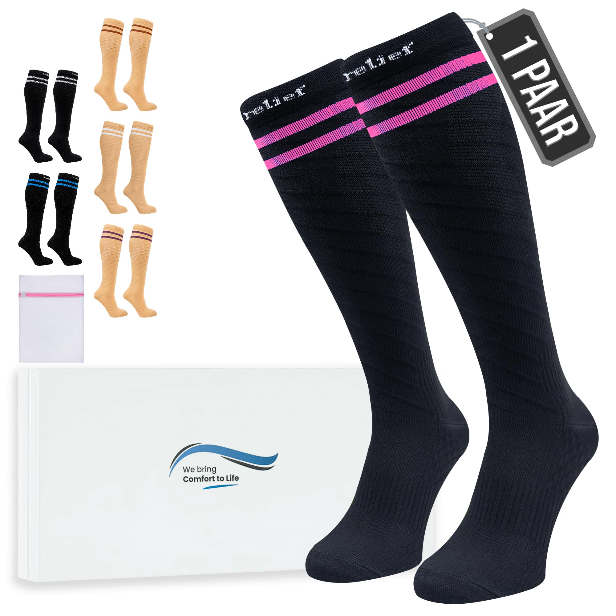 360 Relief Kompressionsstrümpfe Damen und Herren - Kompressionssocken einfarbig für Sport, Laufen, Flug, Reisen, Joggen, Radsport, Stütz Thrombosestrümpfe, mit Wäschenetz